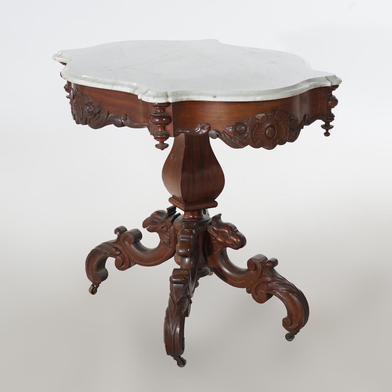 Antique Victorian Figural Carved Walnut & Marble Turtle Top Parlor Table C1880 In Good Condition In Big Flats, NY