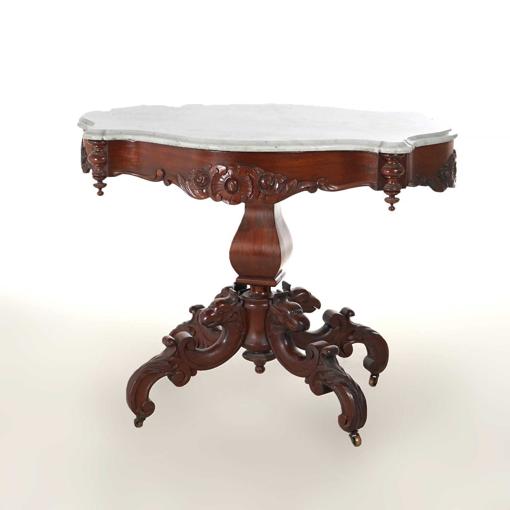 19th Century Antique Victorian Figural Carved Walnut & Marble Turtle Top Parlor Table C1880