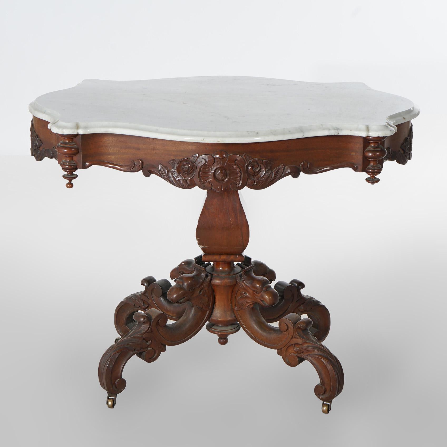 Antique Victorian Figural Carved Walnut & Marble Turtle Top Parlor Table C1880 1