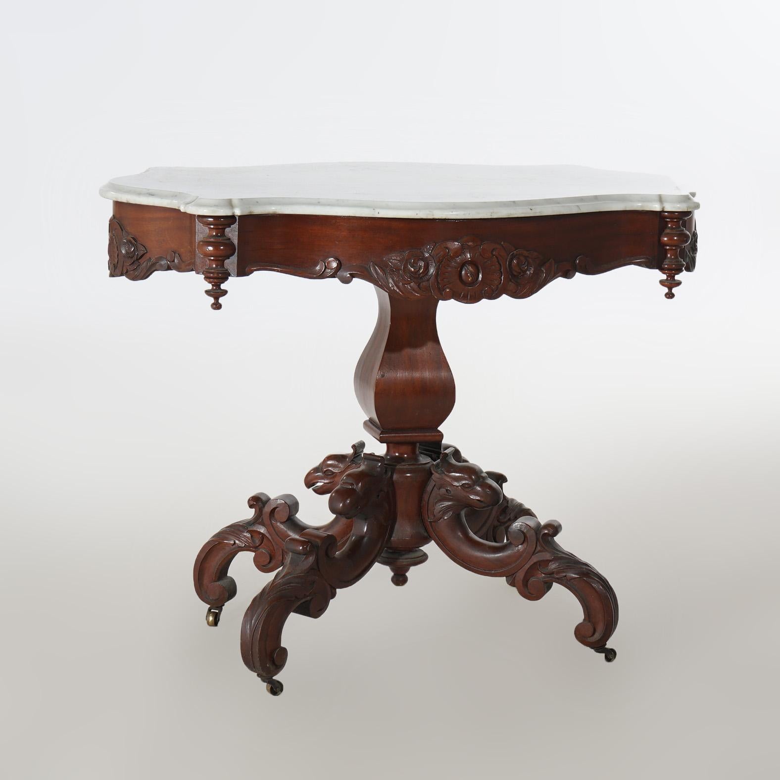 Antique Victorian Figural Carved Walnut & Marble Turtle Top Parlor Table C1880 5