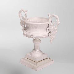 Antique Victorian Figural Cast Iron Double Handle Garden Urn, 19th C
