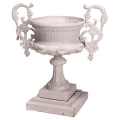 Antique Victorian Figural Cast Iron Double Handle Garden Urn, 19th C