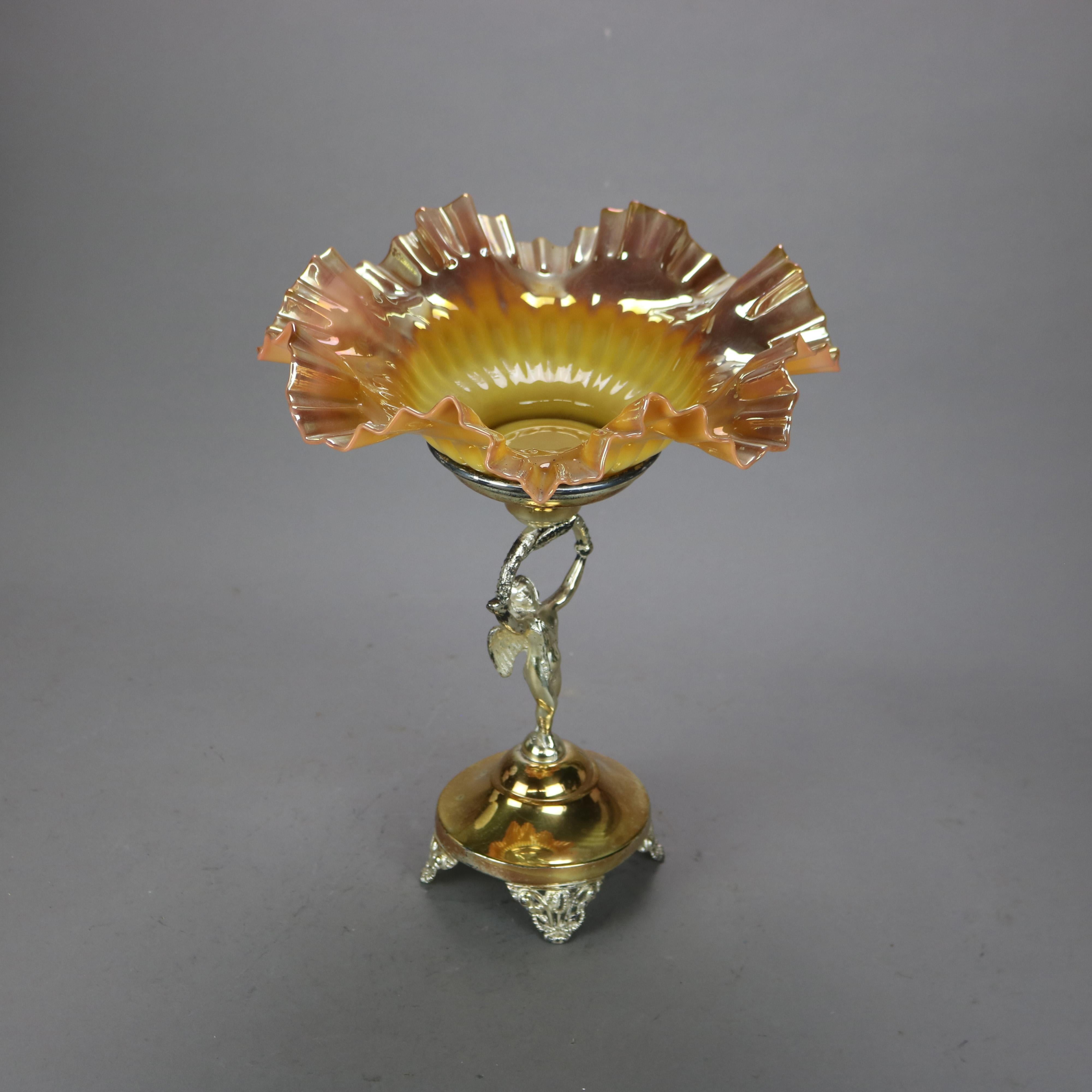 Antique Victorian Figural Cherub Silver Plated Console & Peach Blow Ruffled Bowl c1900

Measures - 13 1/2