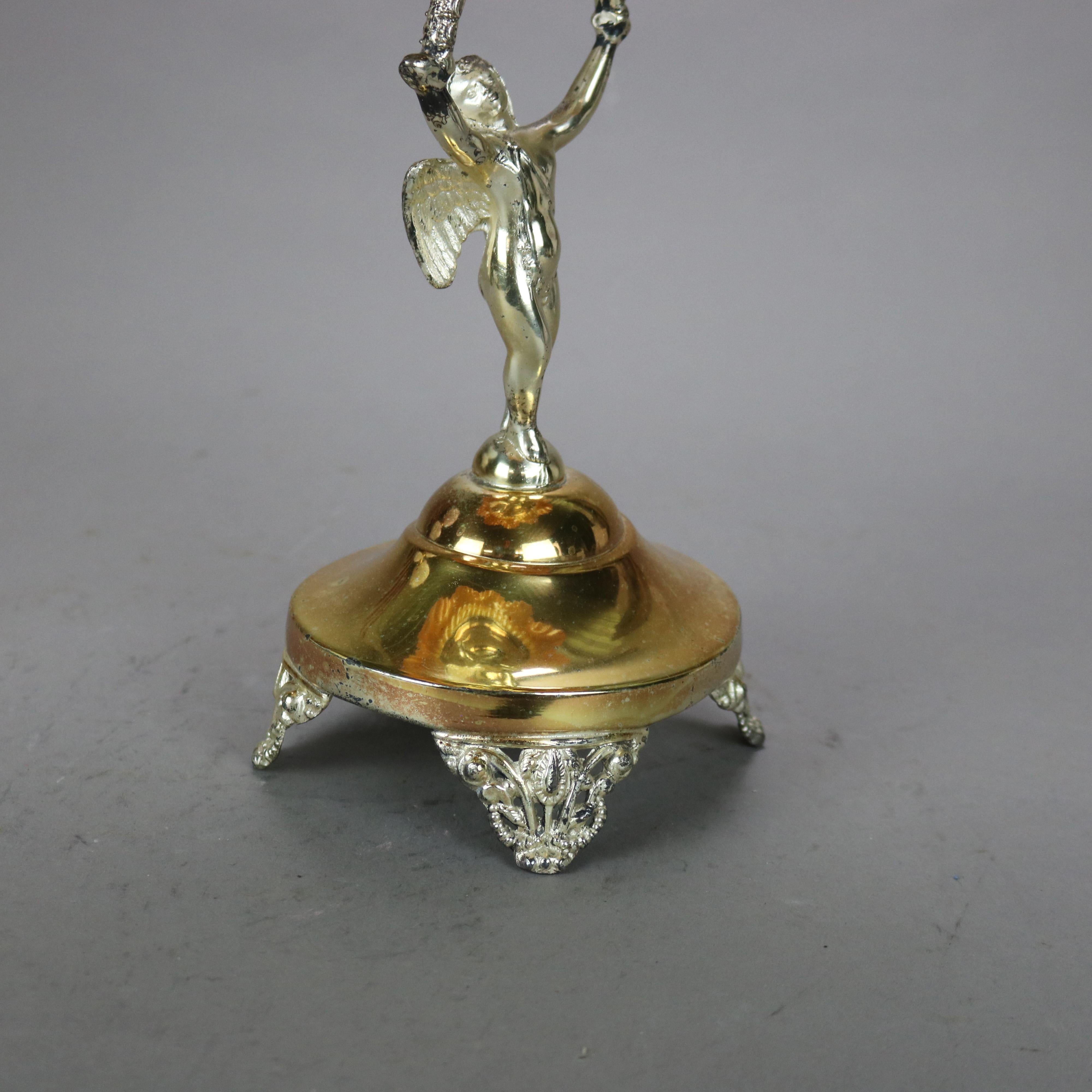 Antique Victorian Figural Cherub Silver Plated Console & Peach Blow Ruffled Bowl In Good Condition In Big Flats, NY