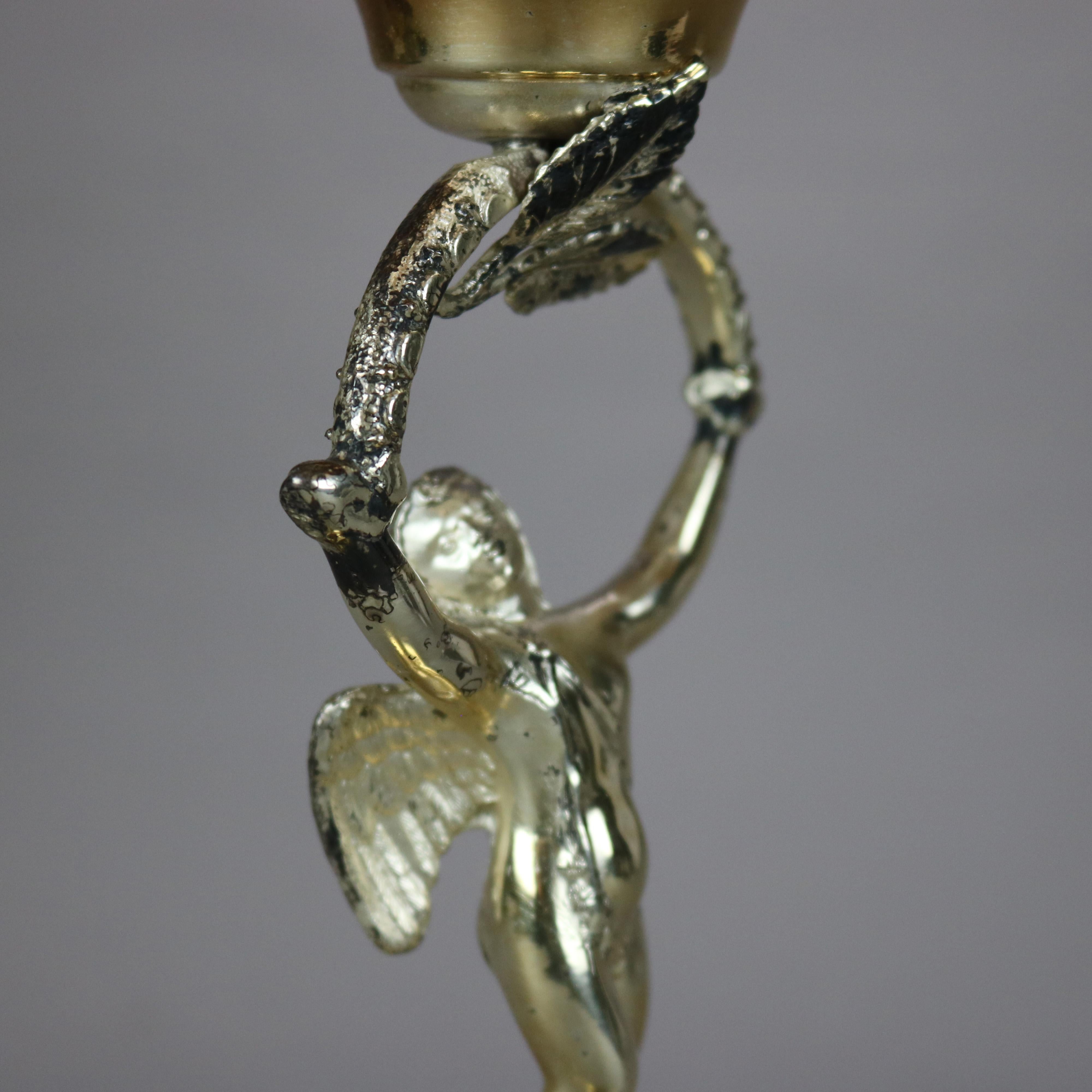 20th Century Antique Victorian Figural Cherub Silver Plated Console & Peach Blow Ruffled Bowl