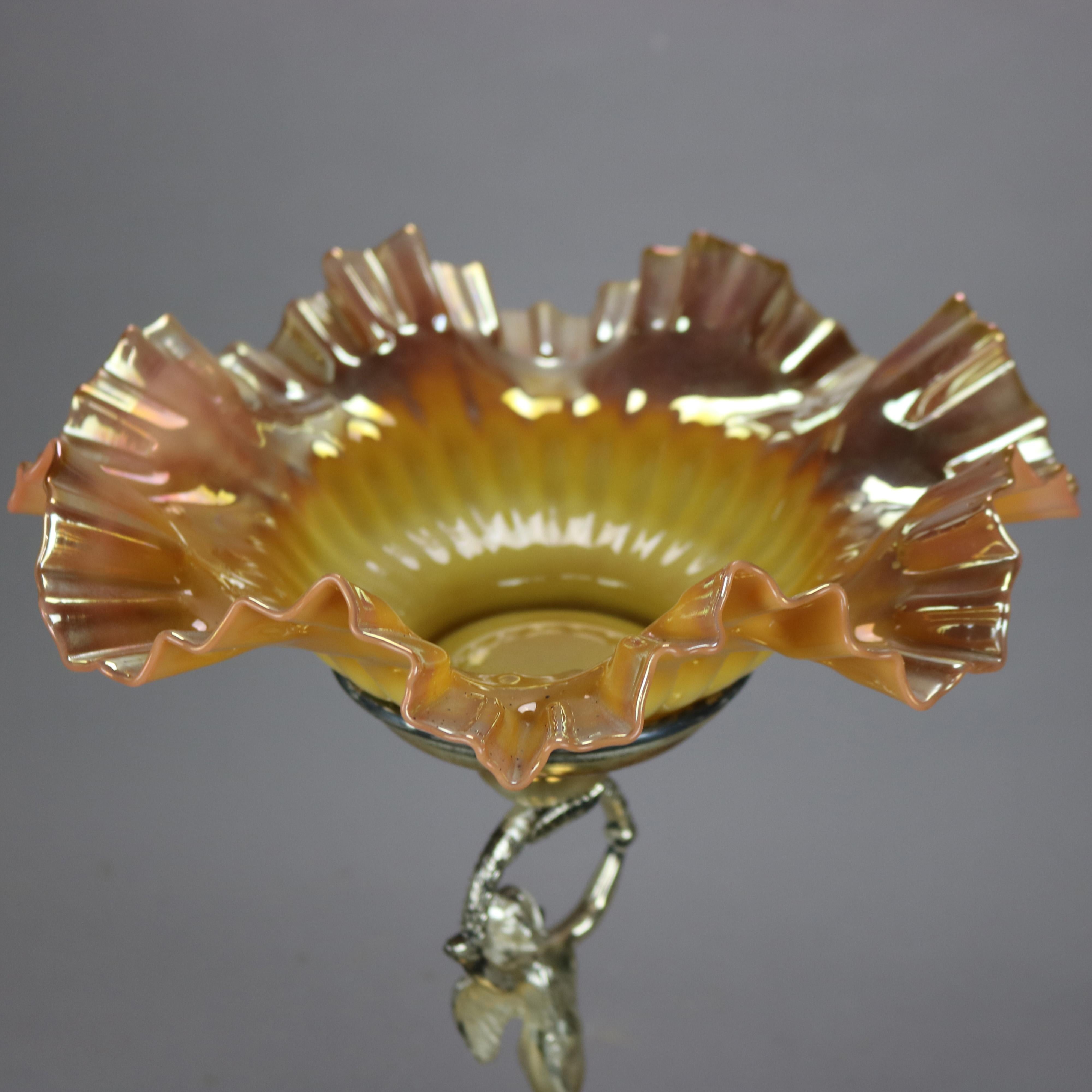 Antique Victorian Figural Cherub Silver Plated Console & Peach Blow Ruffled Bowl 1