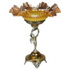 Antique Victorian Figural Cherub Silver Plated Console & Peach Blow Ruffled Bowl