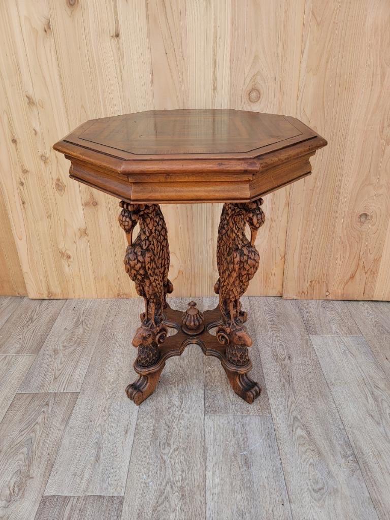 19th Century Antique Victorian Figural Crane Leg Walnut Octagon Top Cocktail Table