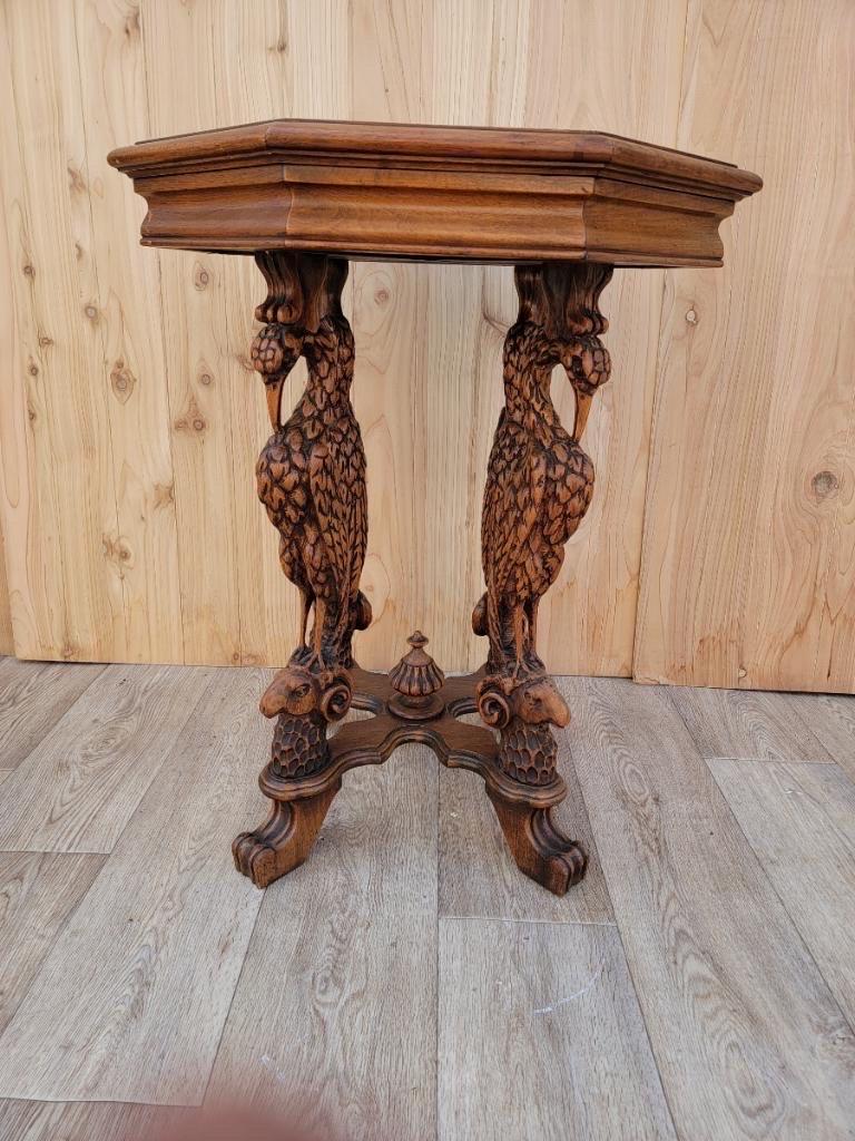 Wood Antique Victorian Figural Crane Leg Walnut Octagon Top Cocktail Table