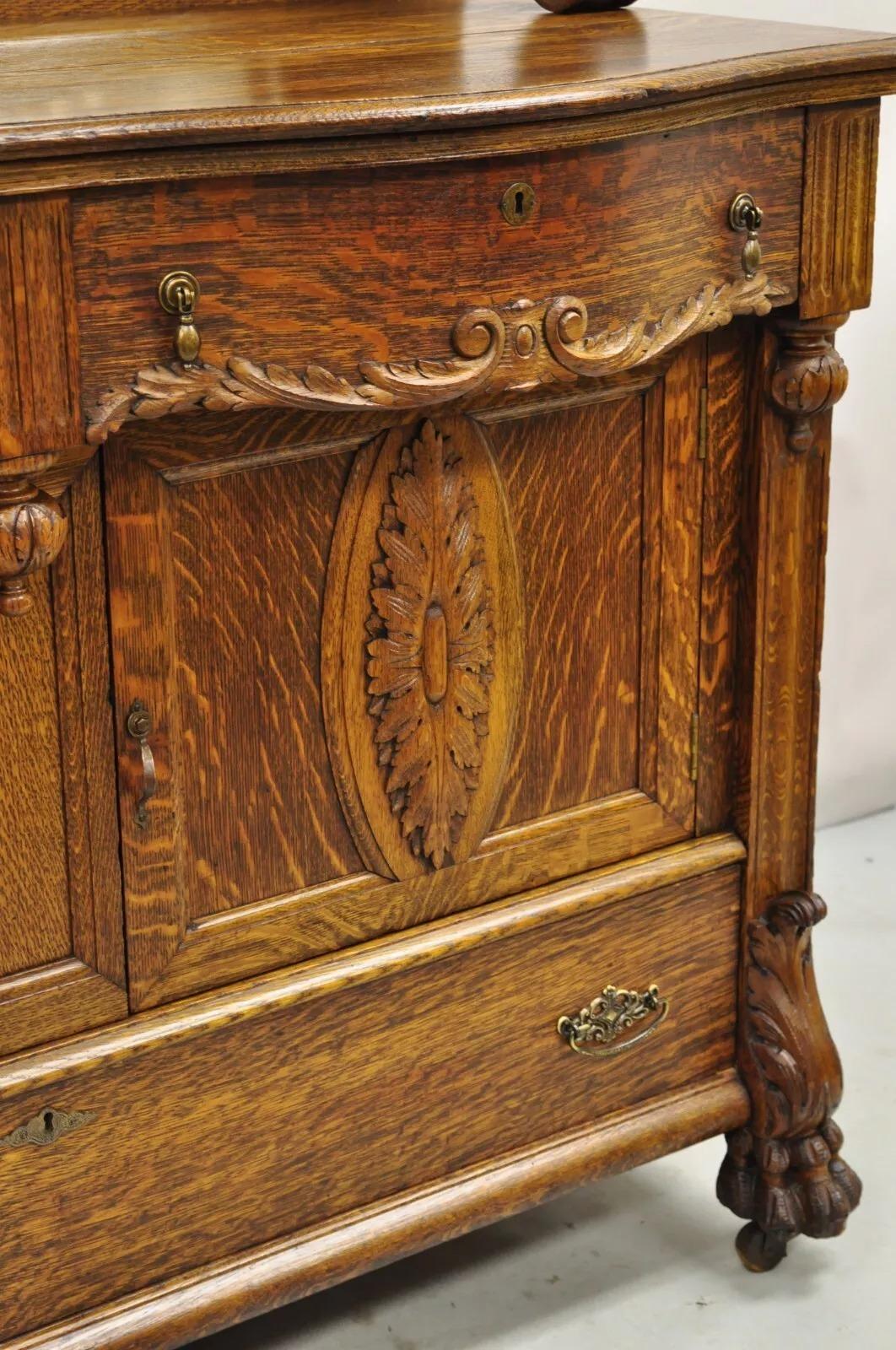 Antique Victorian Figural Lion & Griffin Carved Oak Wood Sideboard Buffet 5