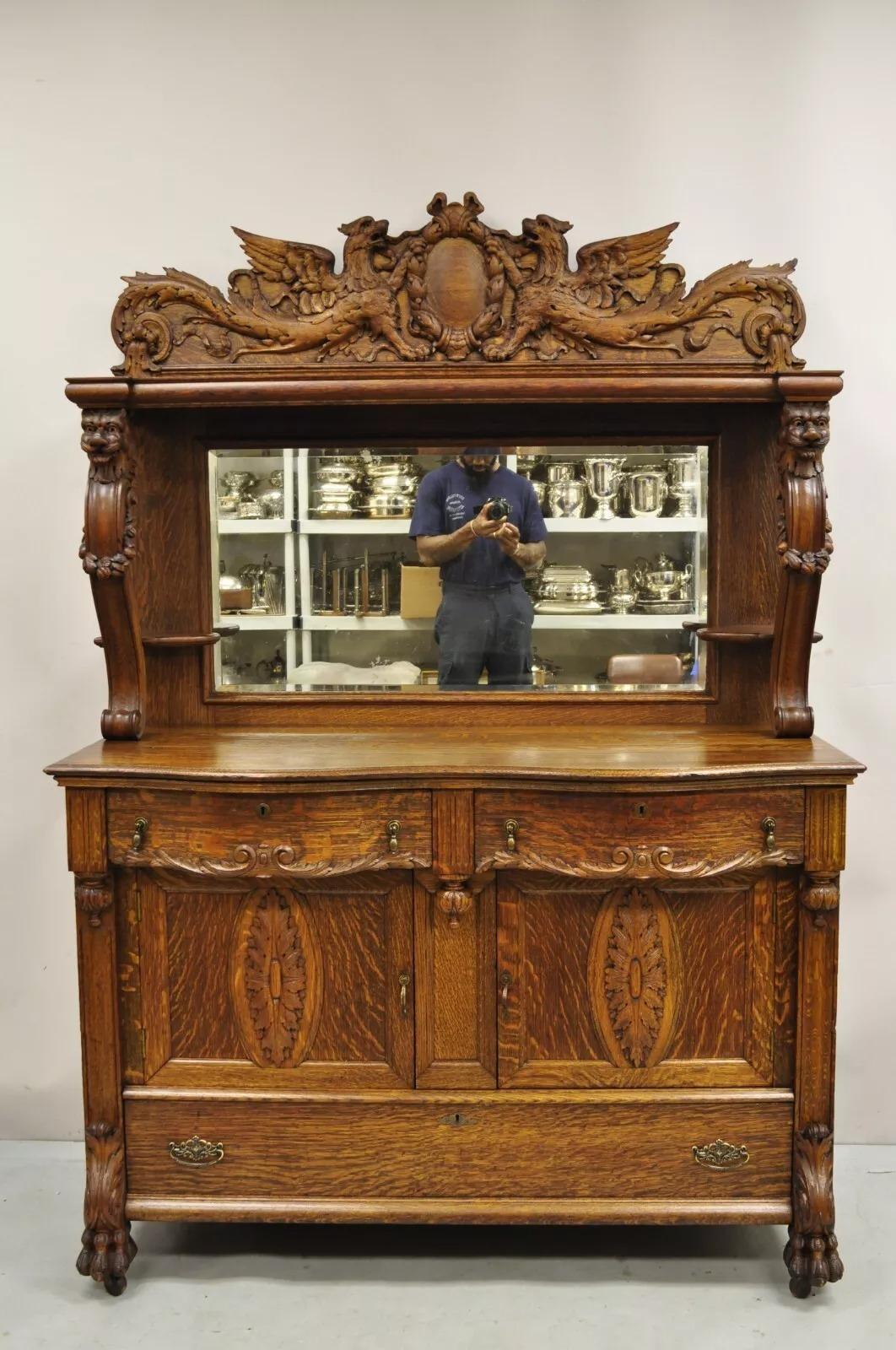 Antique Victorian Figural Lion & Griffin Carved Oak Wood Sideboard Buffet 6