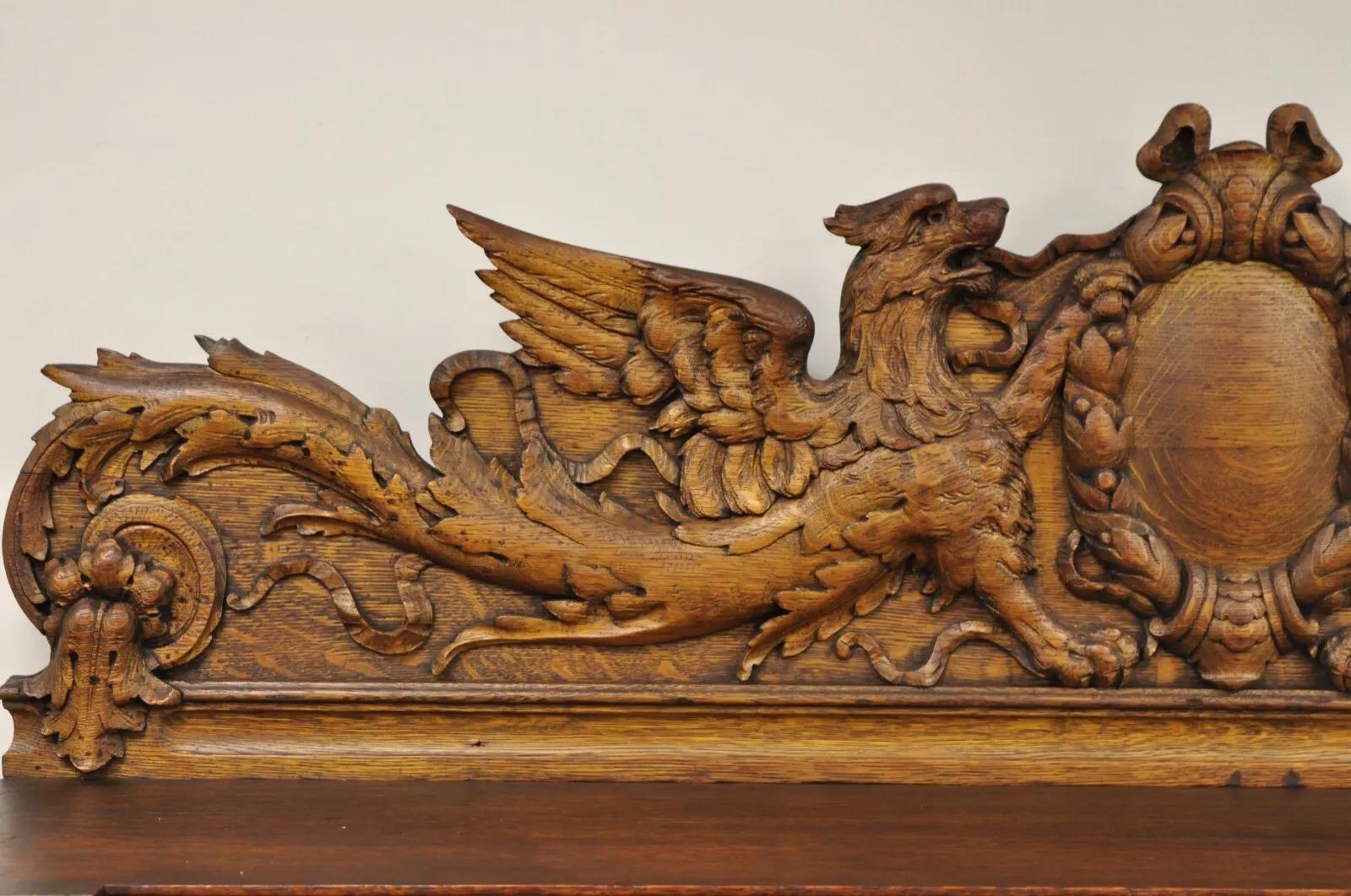 Antique Victorian Figural Lion & Griffin Carved Oak Wood Sideboard Buffet 7