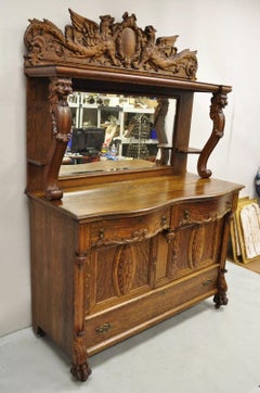Antique Victorian Figural Lion & Griffin Carved Oak Wood Sideboard Buffet