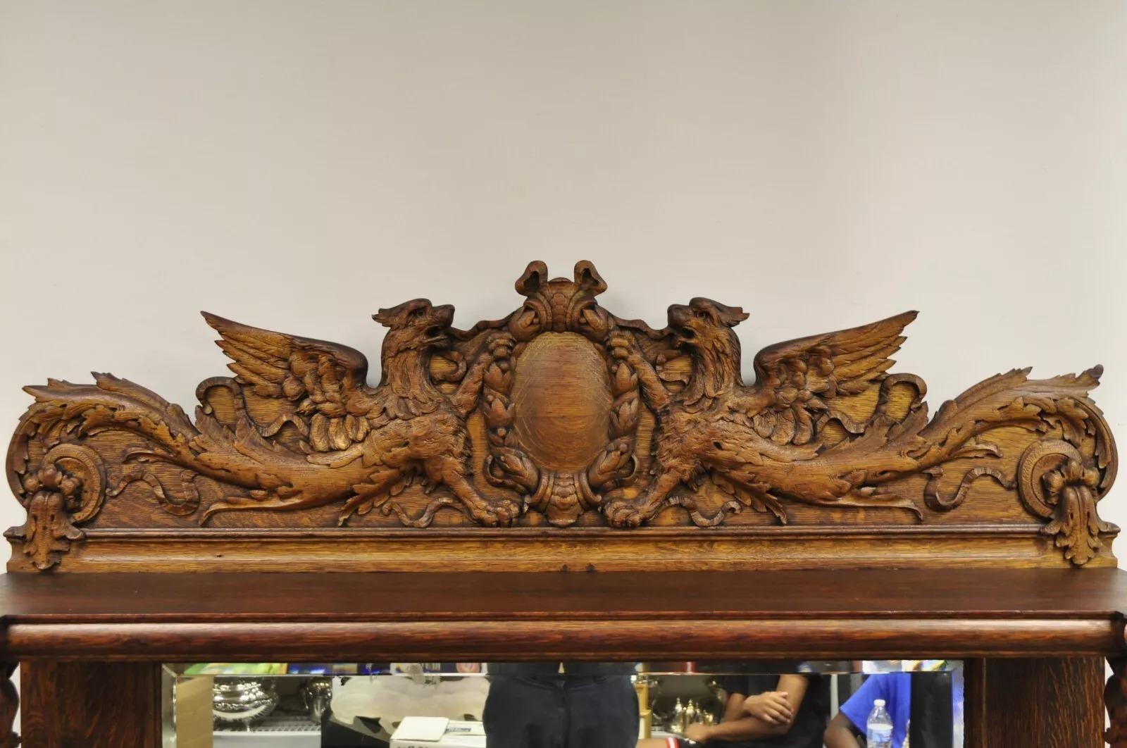 Antique Victorian Figural Lion & Griffin Carved Oak Wood Sideboard Buffet In Good Condition In Philadelphia, PA