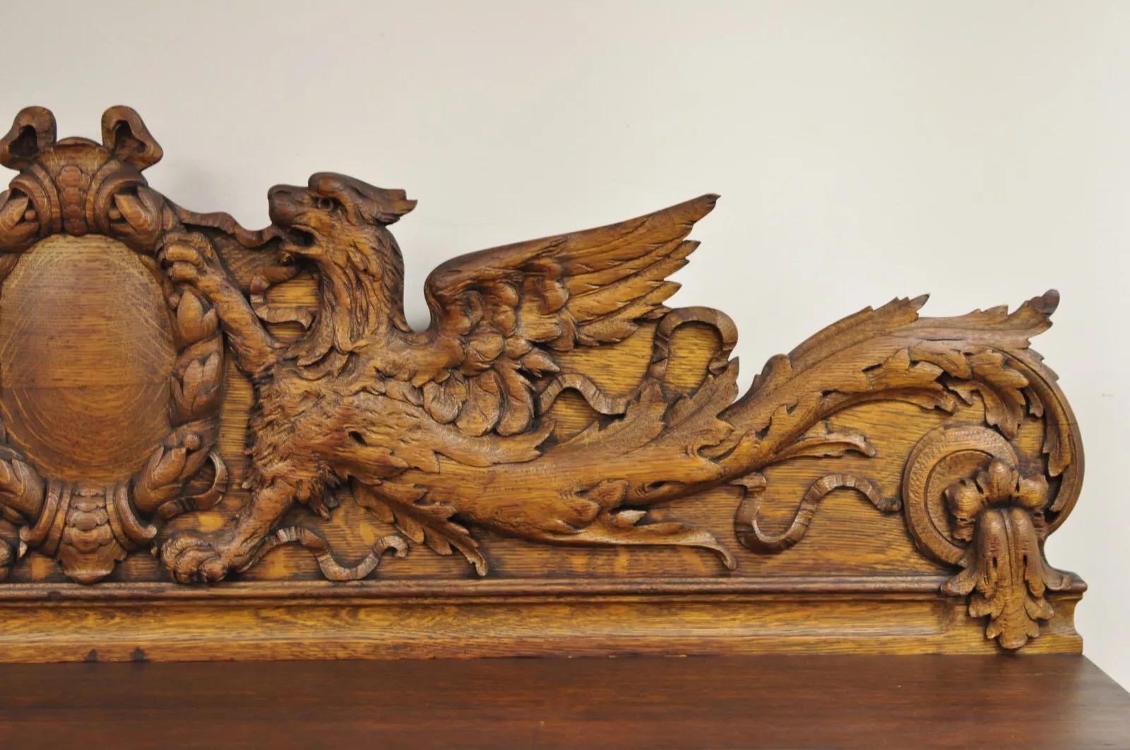 19th Century Antique Victorian Figural Lion & Griffin Carved Oak Wood Sideboard Buffet