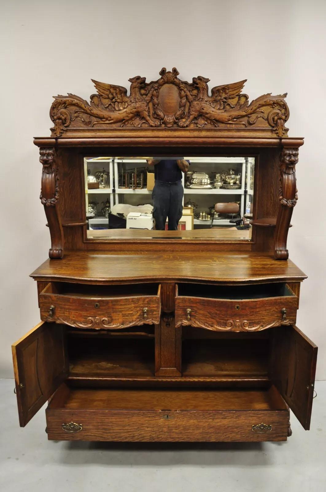 Antique Victorian Figural Lion & Griffin Carved Oak Wood Sideboard Buffet 1