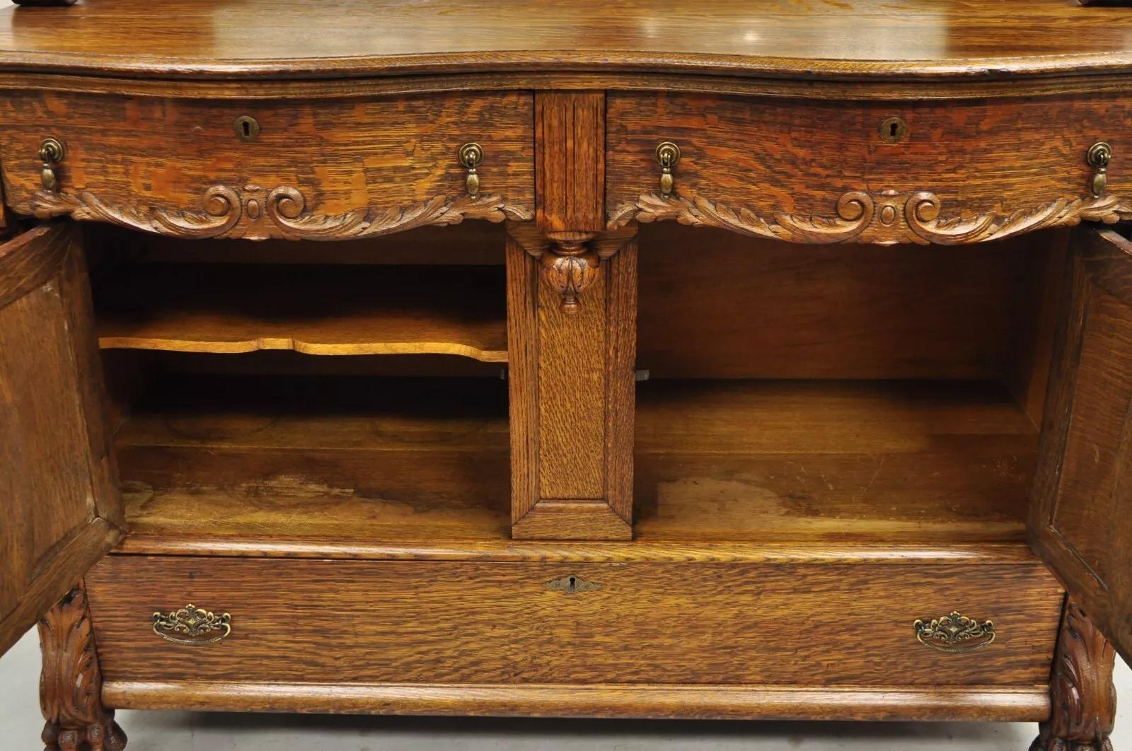 Antique Victorian Figural Lion & Griffin Carved Oak Wood Sideboard Buffet 2