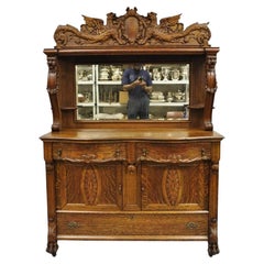 Antique Victorian Figural Lion & Griffin Carved Oak Wood Sideboard Buffet