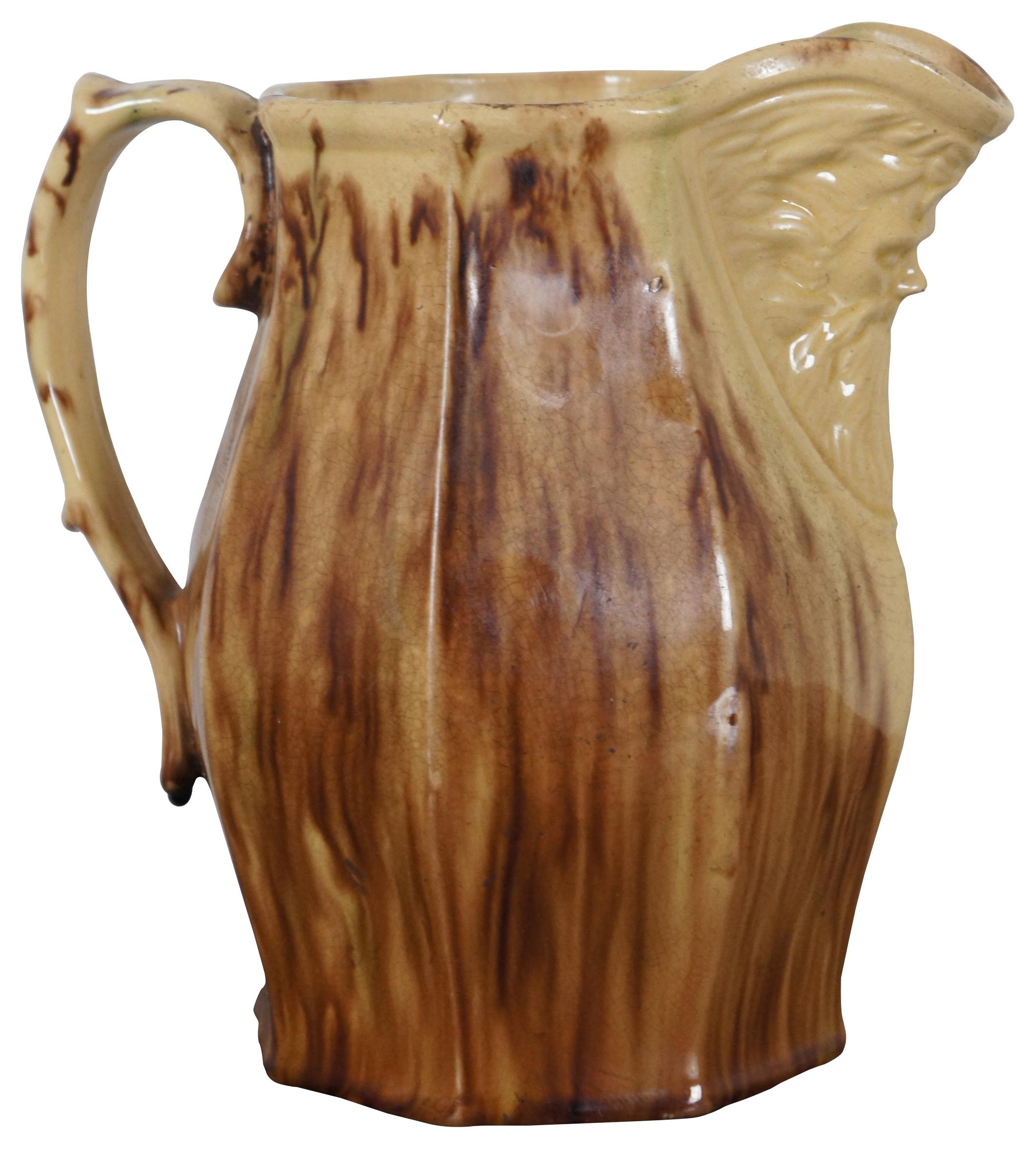 Antique Victorian Figural Majolica Pitcher Carafe Face Spout Brown Drip Glaze In Good Condition In Dayton, OH