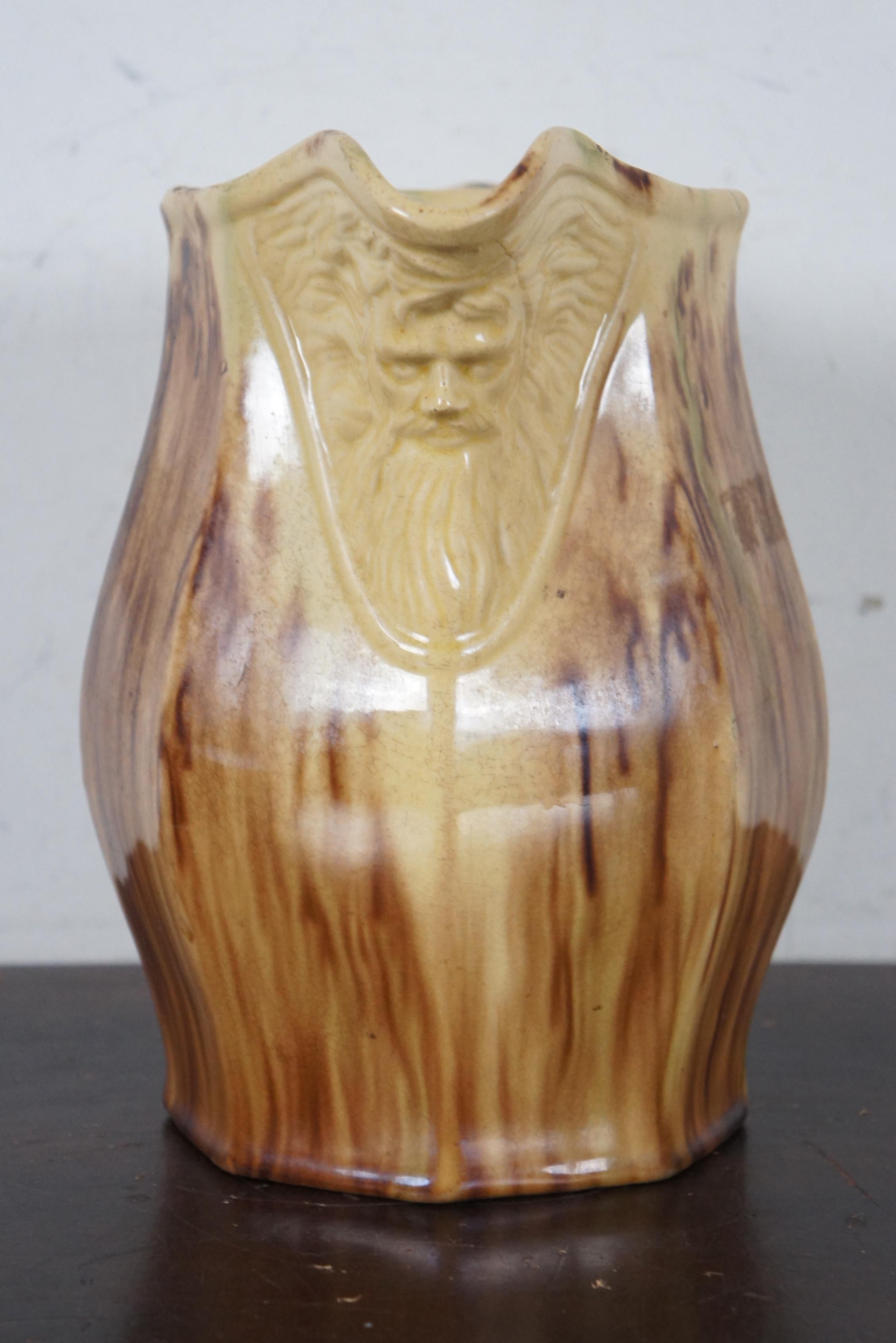 Antique Victorian Figural Majolica Pitcher Carafe Face Spout Brown Drip Glaze 3