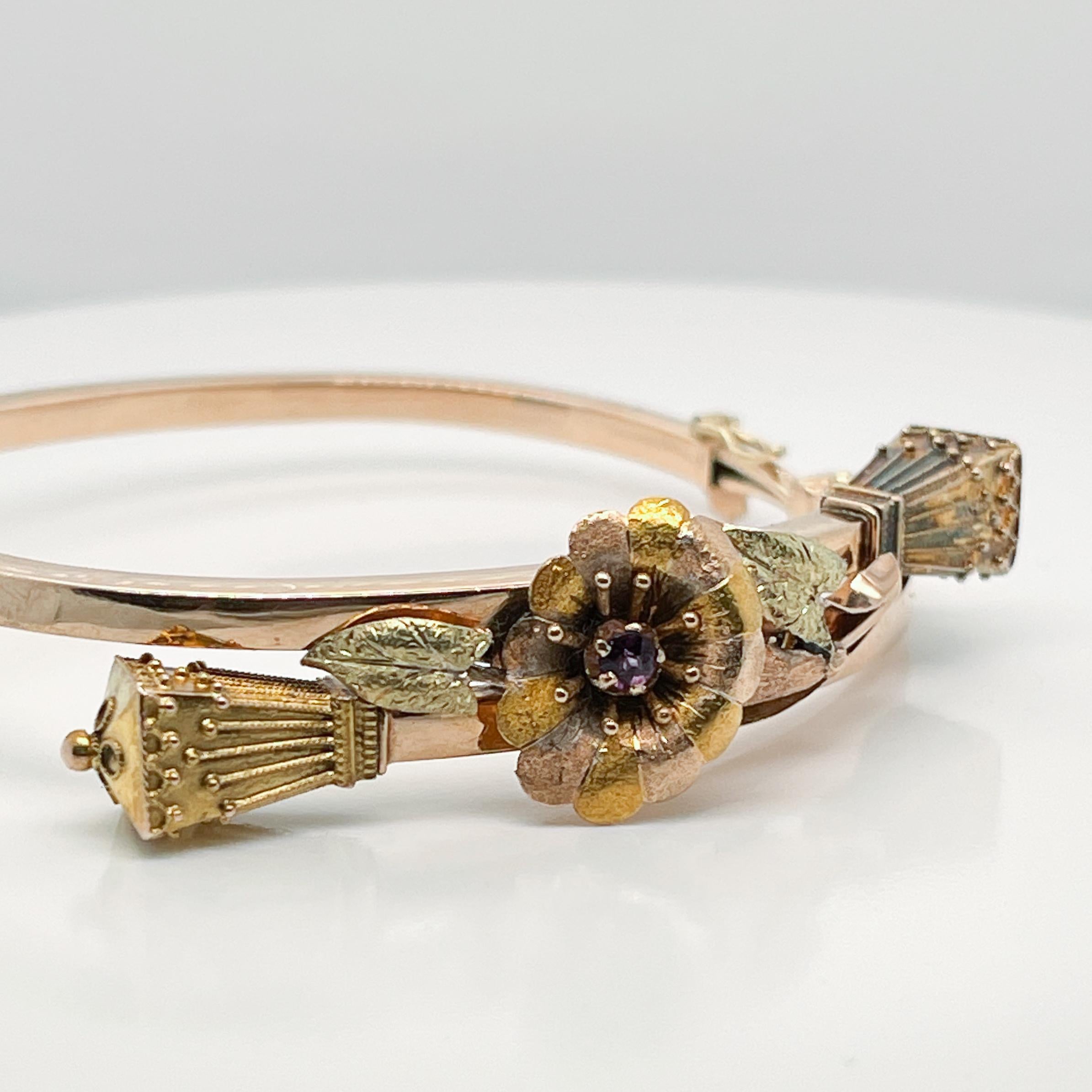 Antique Victorian Figural Rose & Yellow Gold Bangle Bracelet with a Lily Flower 7