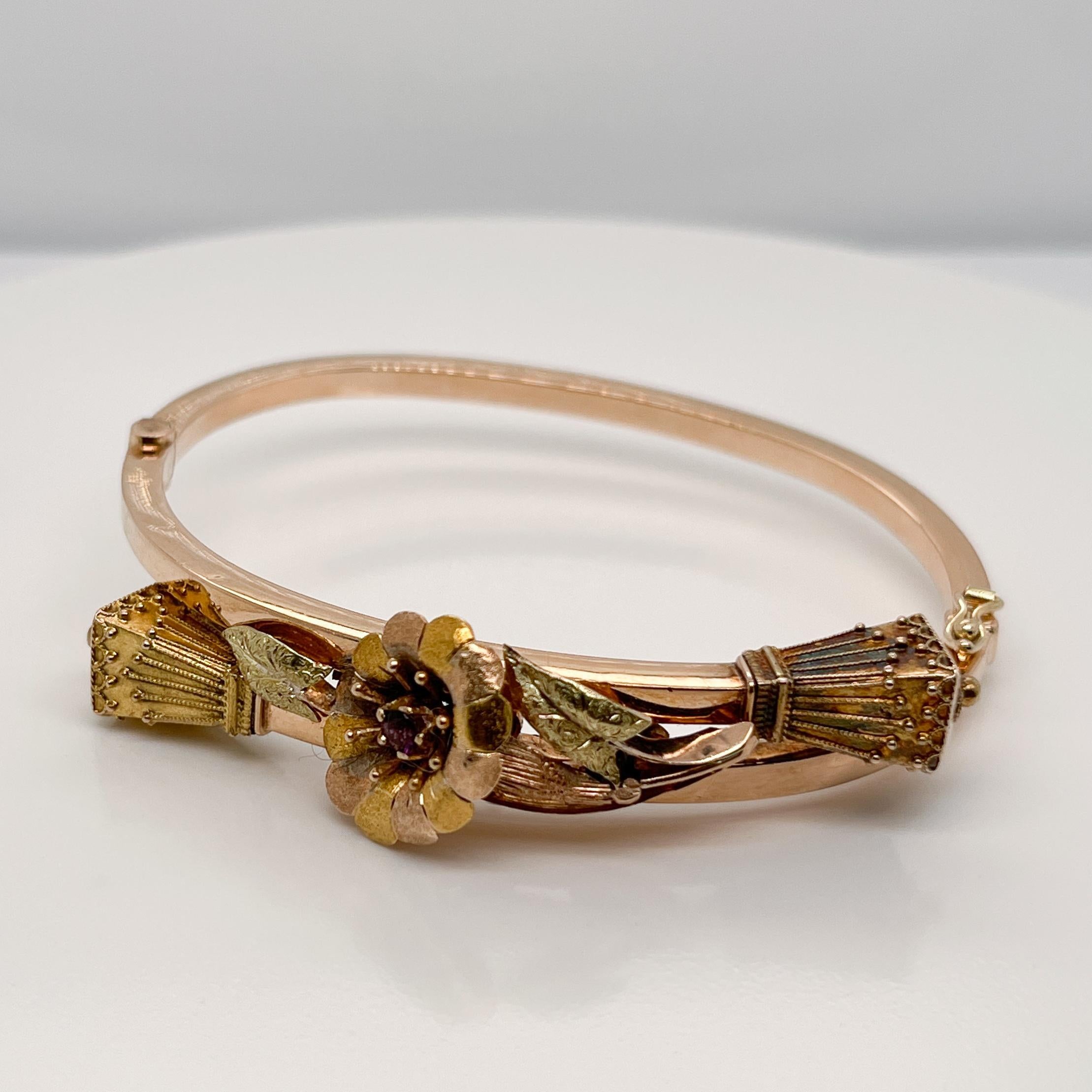 Antique Victorian Figural Rose & Yellow Gold Bangle Bracelet with a Lily Flower In Good Condition In Philadelphia, PA