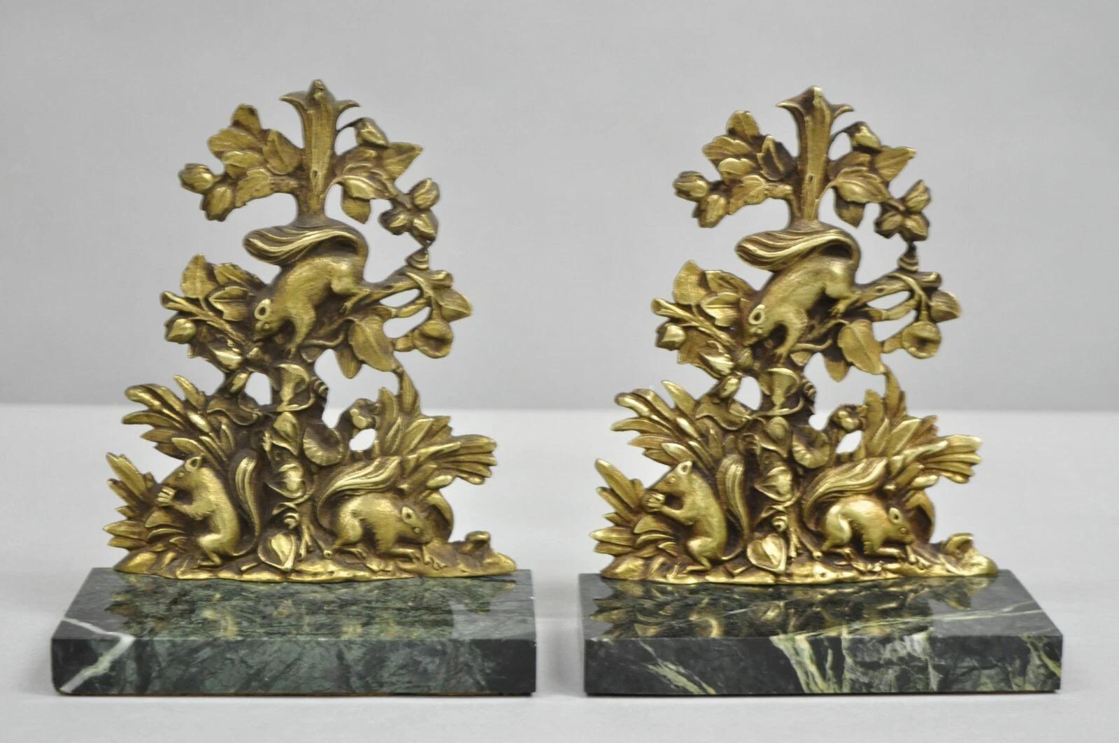 Antiguo Victoriano Figural Ardillas Bronce Mármol Verde Sujetalibros - un Par en venta 1