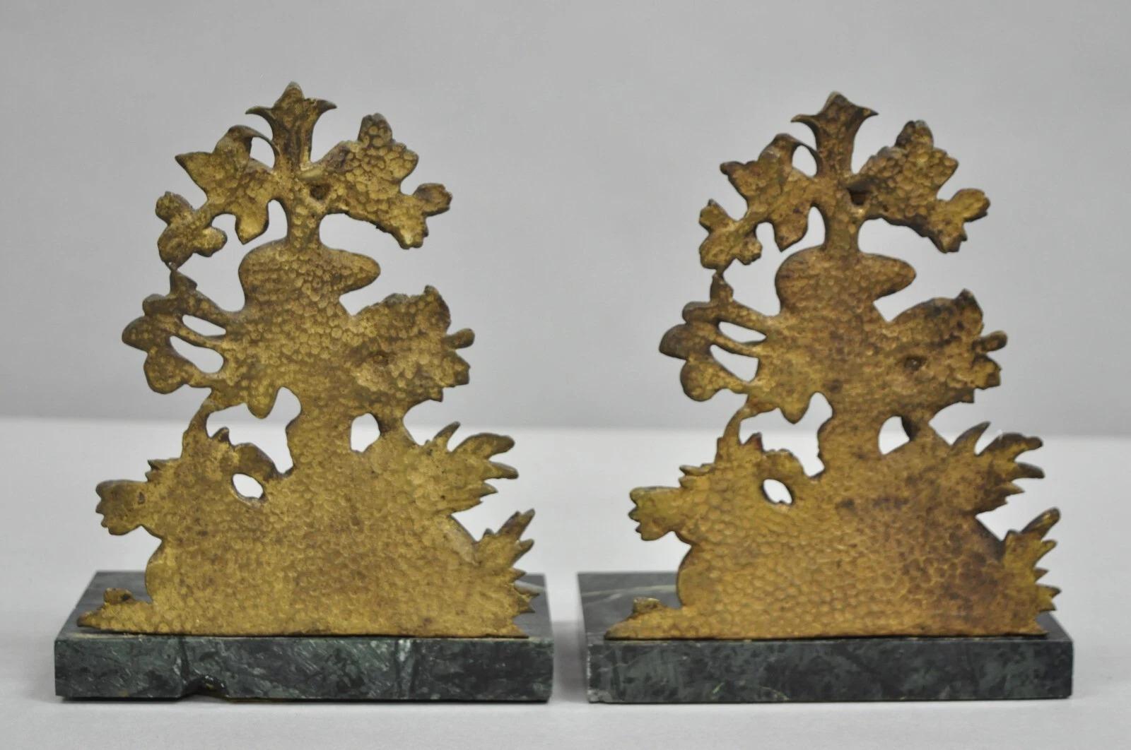 Antiguo Victoriano Figural Ardillas Bronce Mármol Verde Sujetalibros - un Par en venta 2