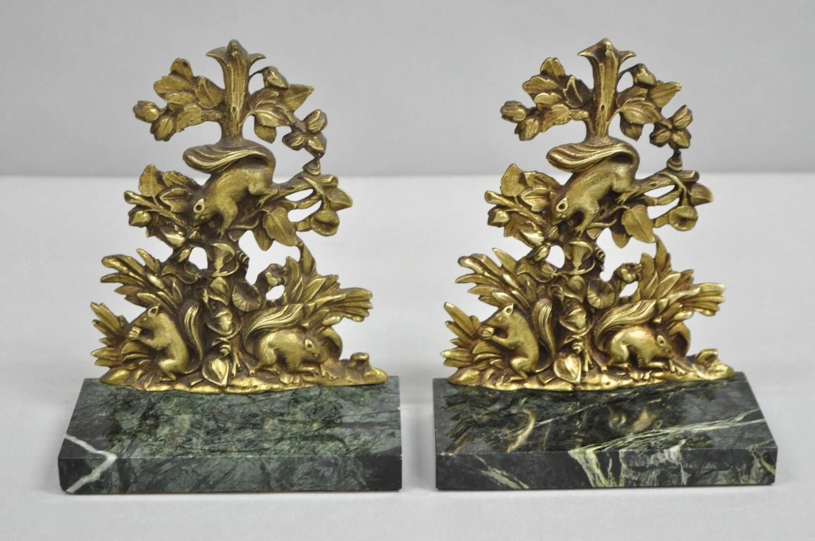 Antiguo Victoriano Figural Ardillas Bronce Mármol Verde Sujetalibros - un Par en venta 3