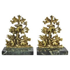 Antique Victorian Figural Squirrels Bronze Green Marble Bookends - a Pair
