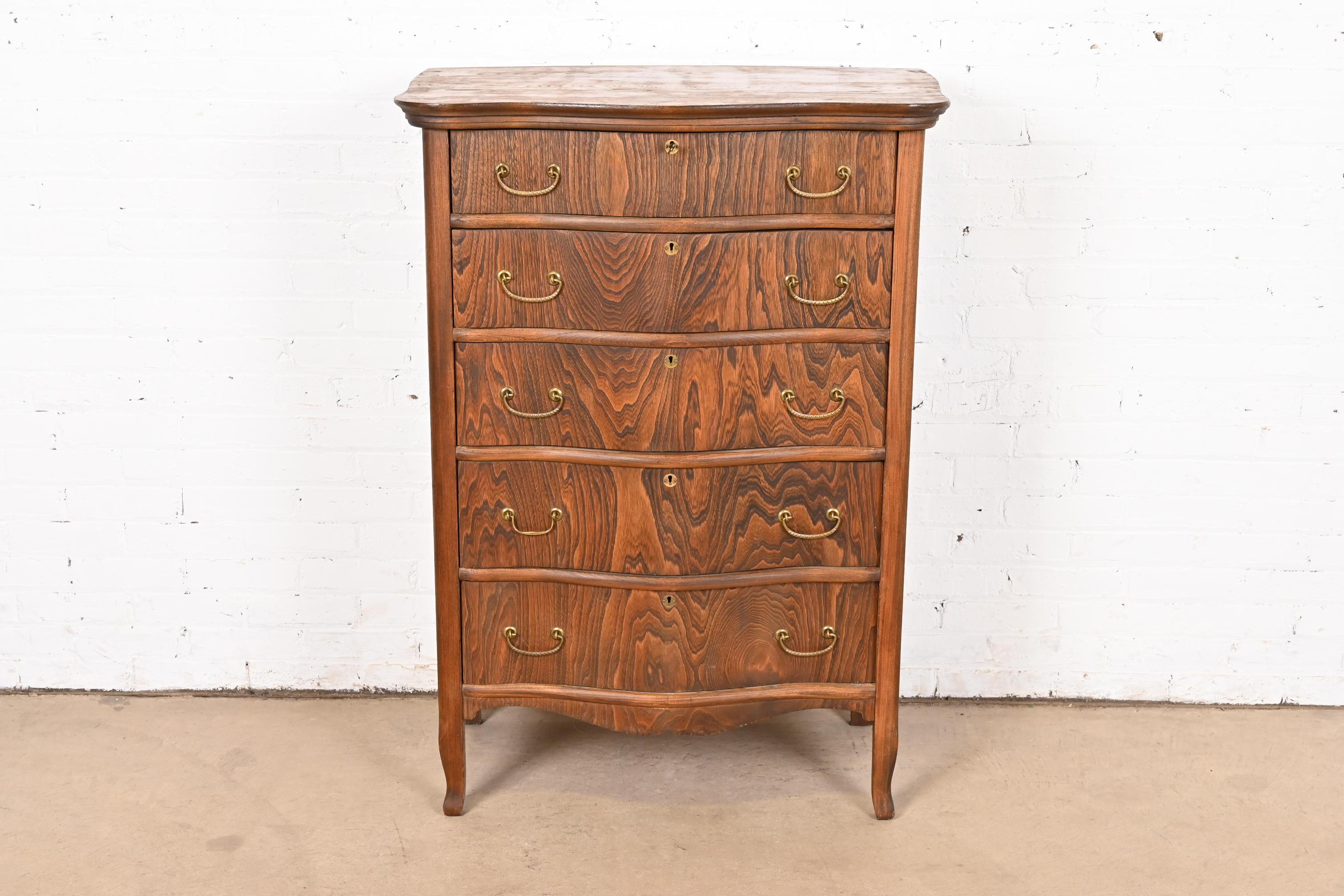 American Antique Victorian Figured Oak Five-Drawer Highboy Dresser For Sale