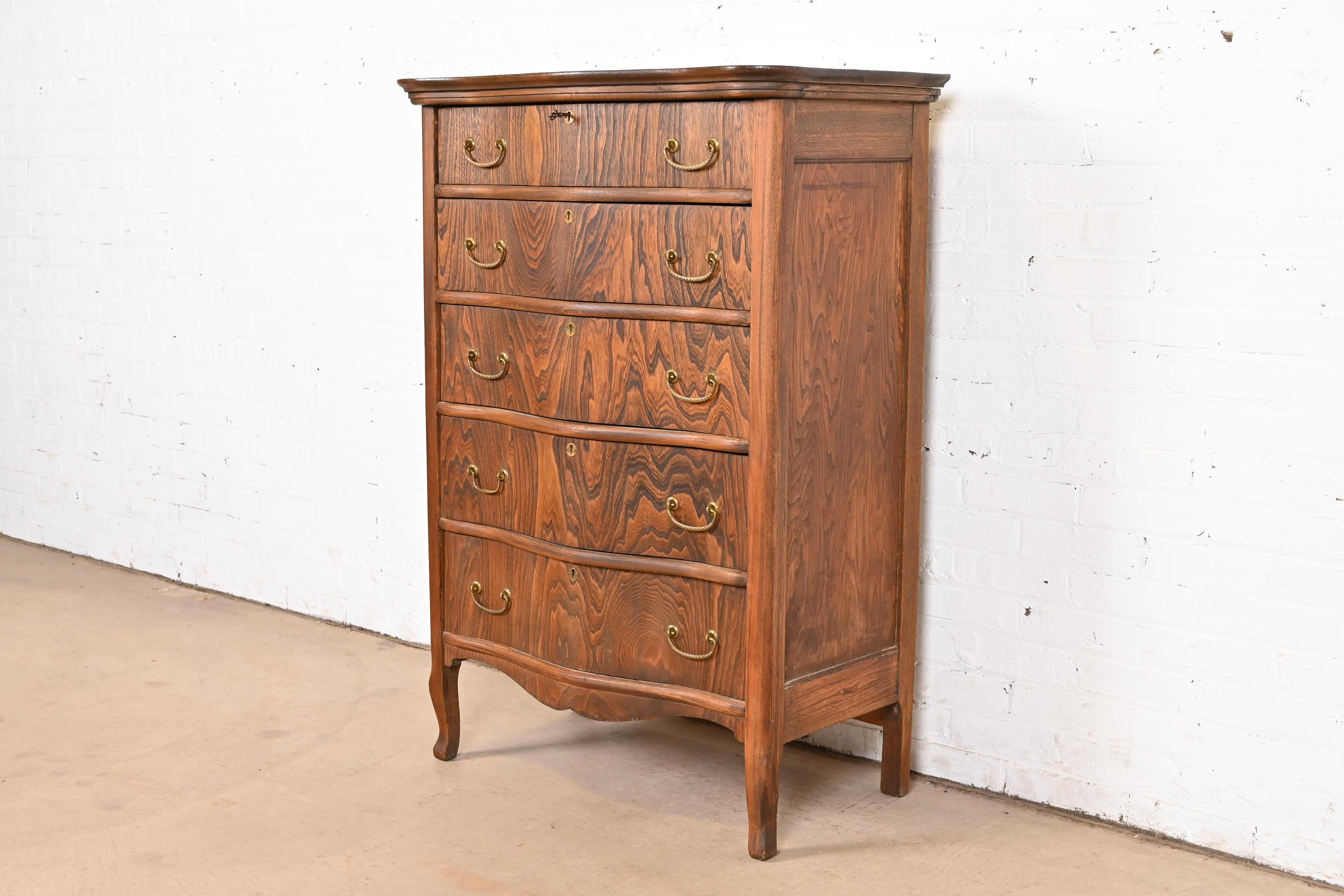 Antique Victorian Figured Oak Five-Drawer Highboy Dresser In Good Condition For Sale In South Bend, IN