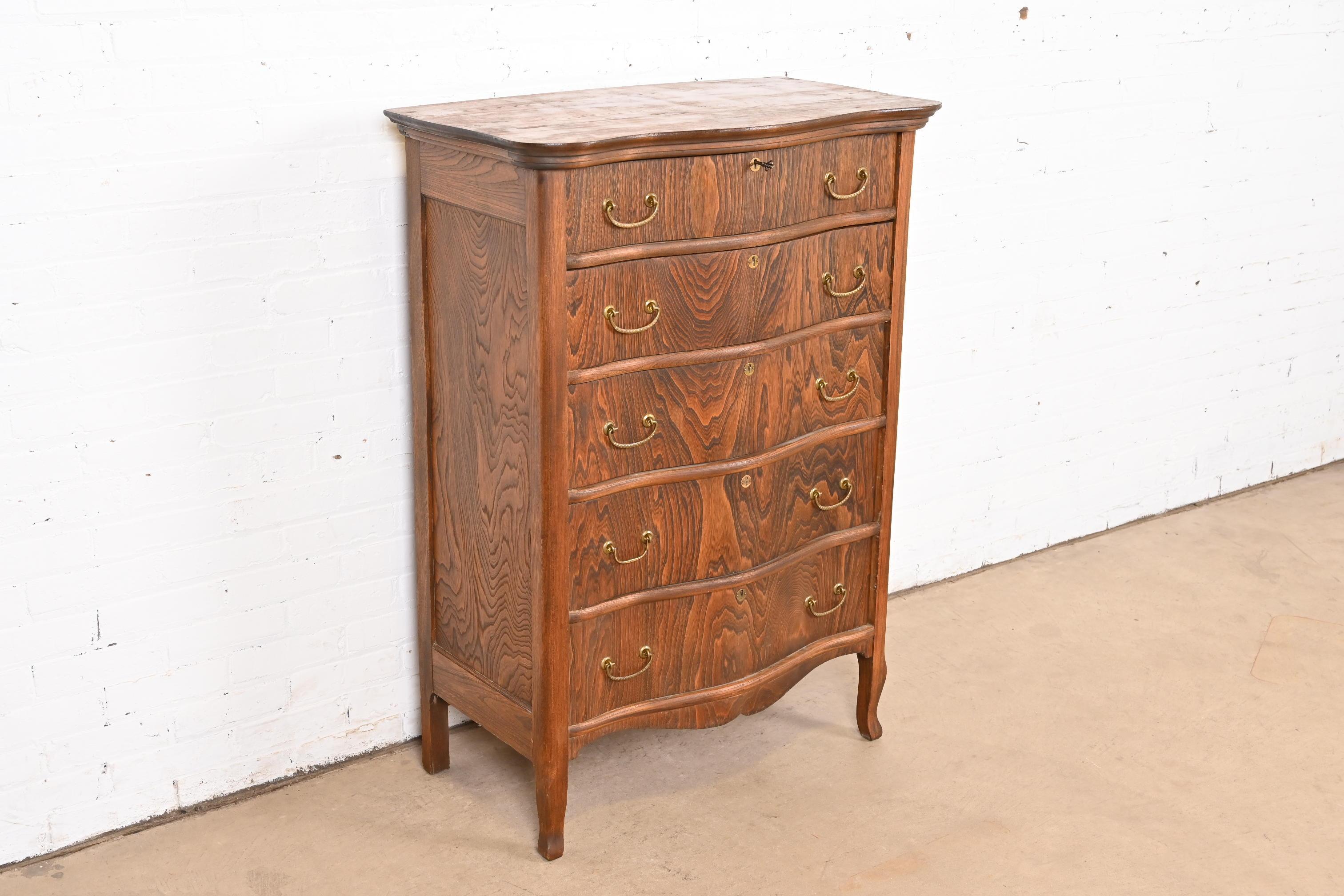 20th Century Antique Victorian Figured Oak Five-Drawer Highboy Dresser For Sale