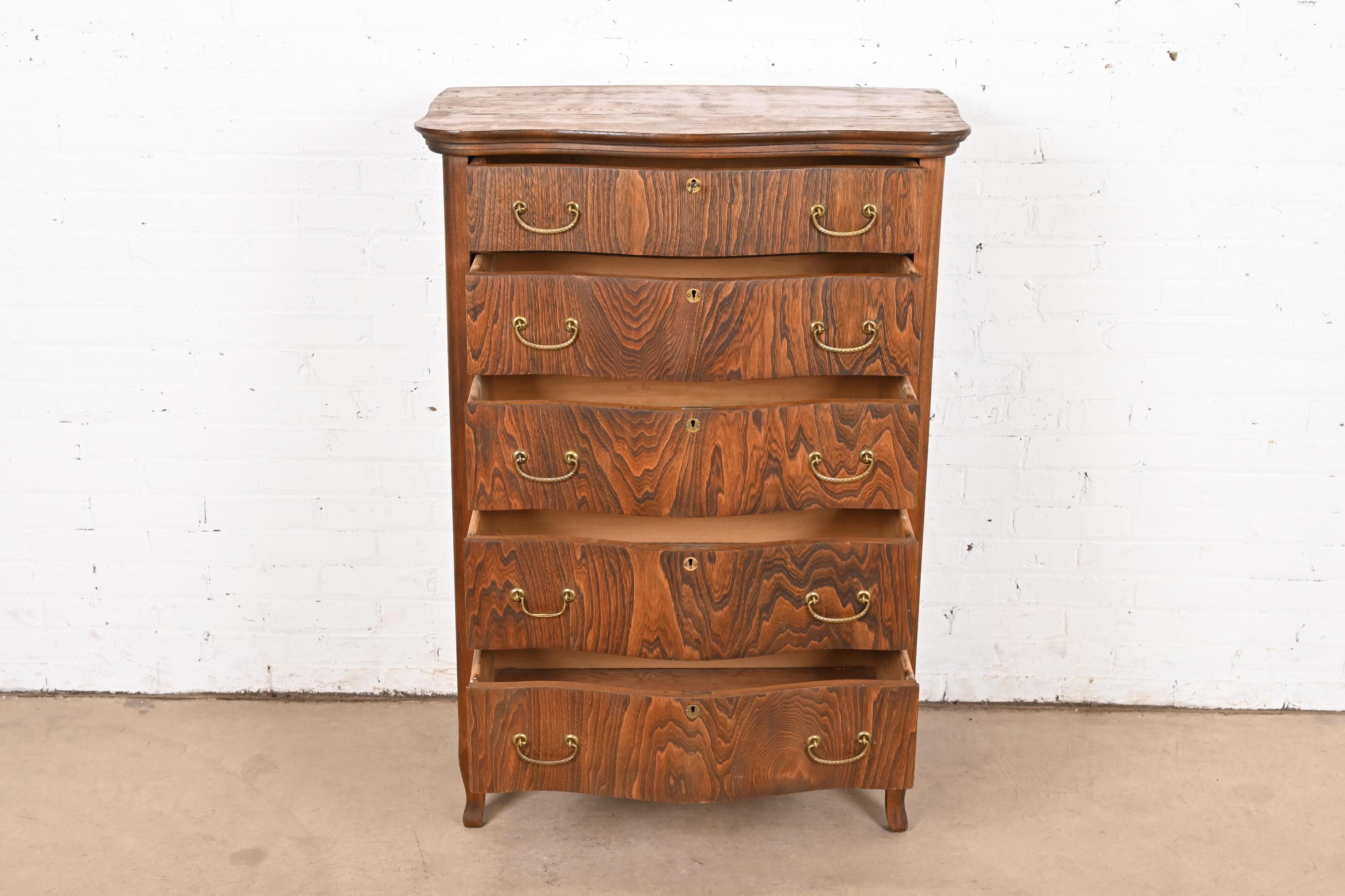 Brass Antique Victorian Figured Oak Five-Drawer Highboy Dresser For Sale