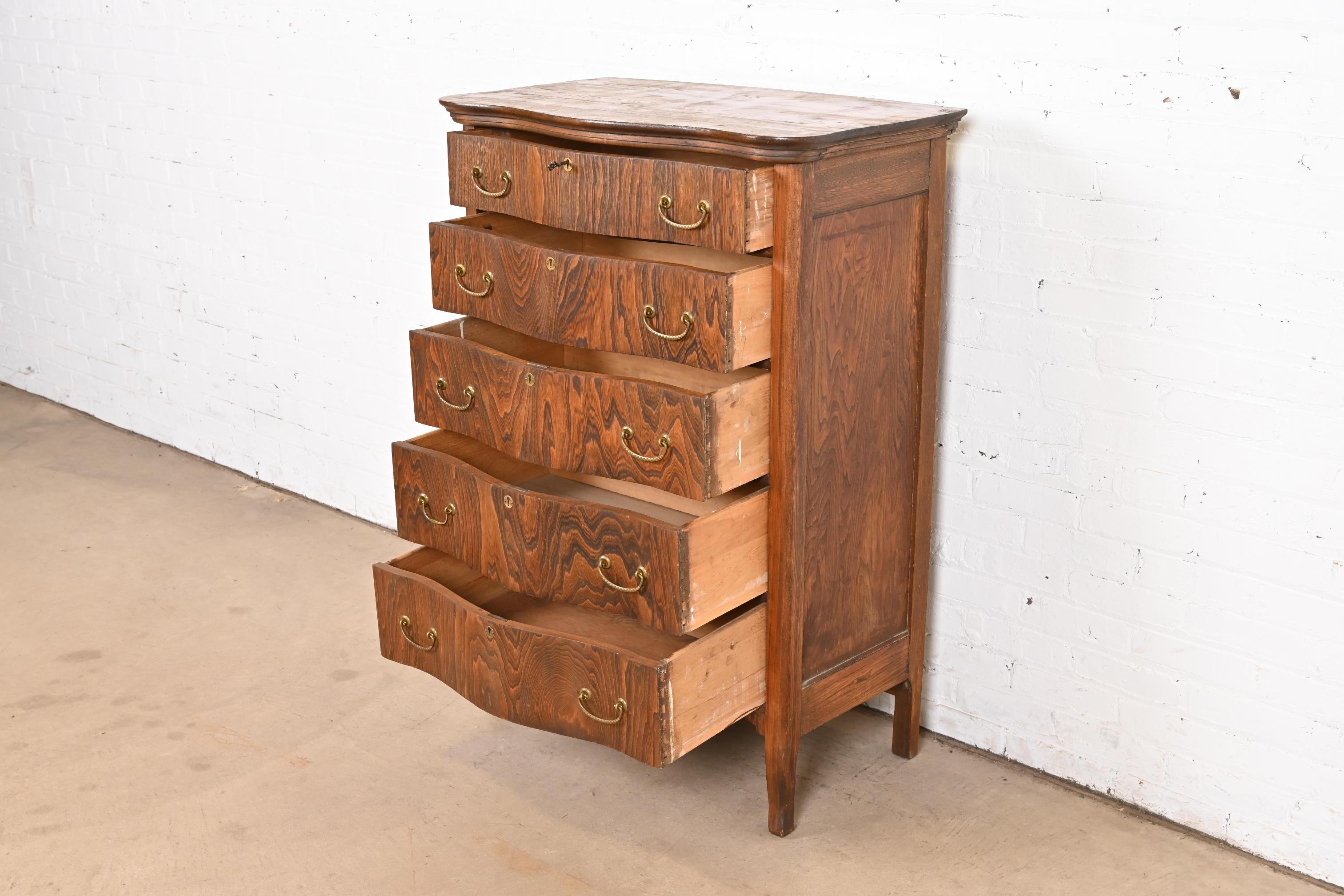 Antique Victorian Figured Oak Five-Drawer Highboy Dresser For Sale 1