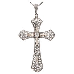 Antique Victorian Filagree Diamond and Pearl 18 Karat Platinum Cross Pendant