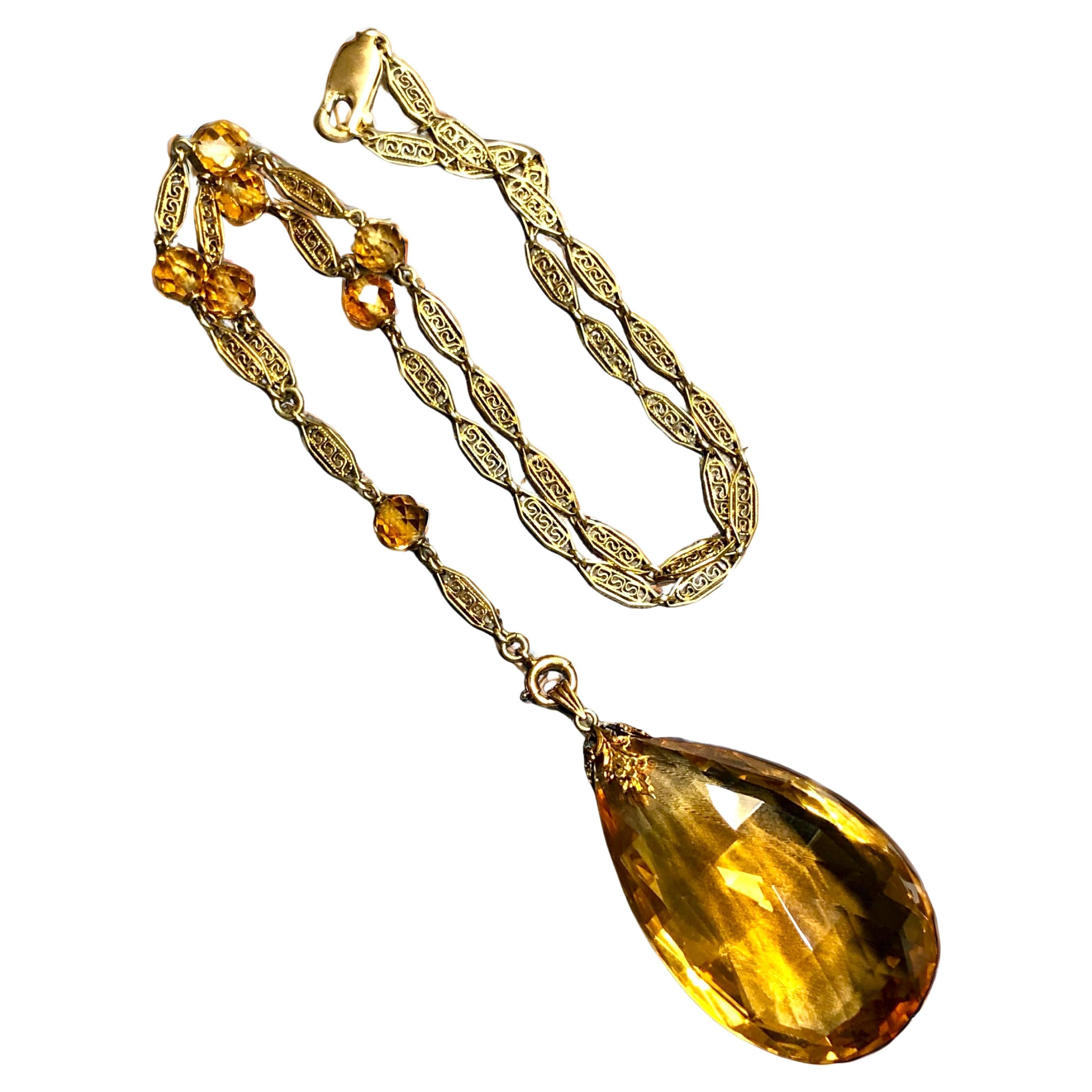 Antique Victorian Filigree 14K Yellow Pear Briolette Citrine Y Drop Necklace
