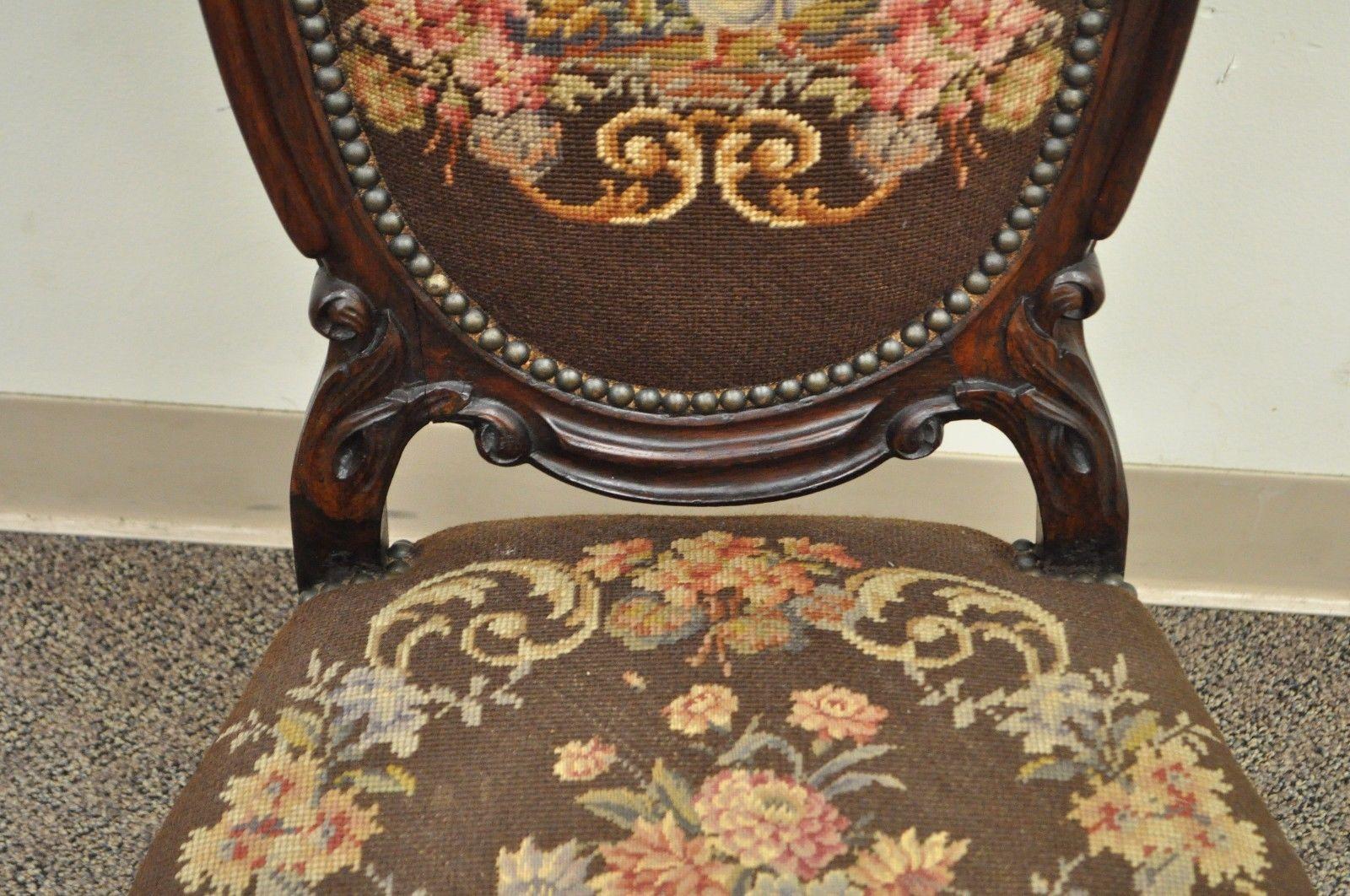Antique Victorian Finely Carved Rosewood Needlepoint Prie Dieu Accent Side Chair 2