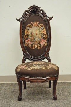 Antique Victorian Finely Carved Rosewood Needlepoint Prie Dieu Accent Side Chair