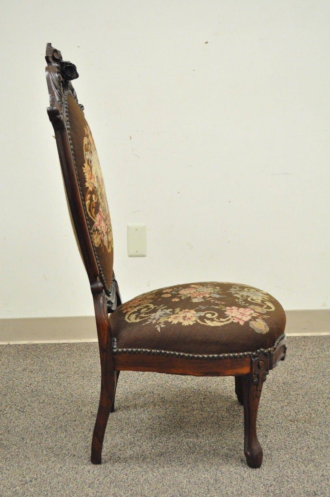 American Antique Victorian Finely Carved Rosewood Needlepoint Prie Dieu Accent Side Chair