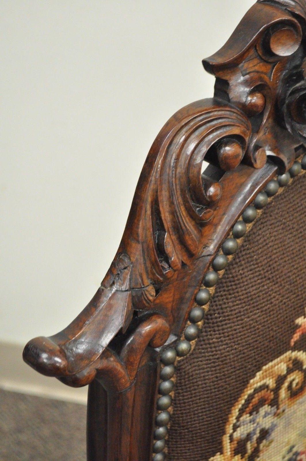 Antique Victorian Finely Carved Rosewood Needlepoint Prie Dieu Accent Side Chair In Good Condition In Philadelphia, PA