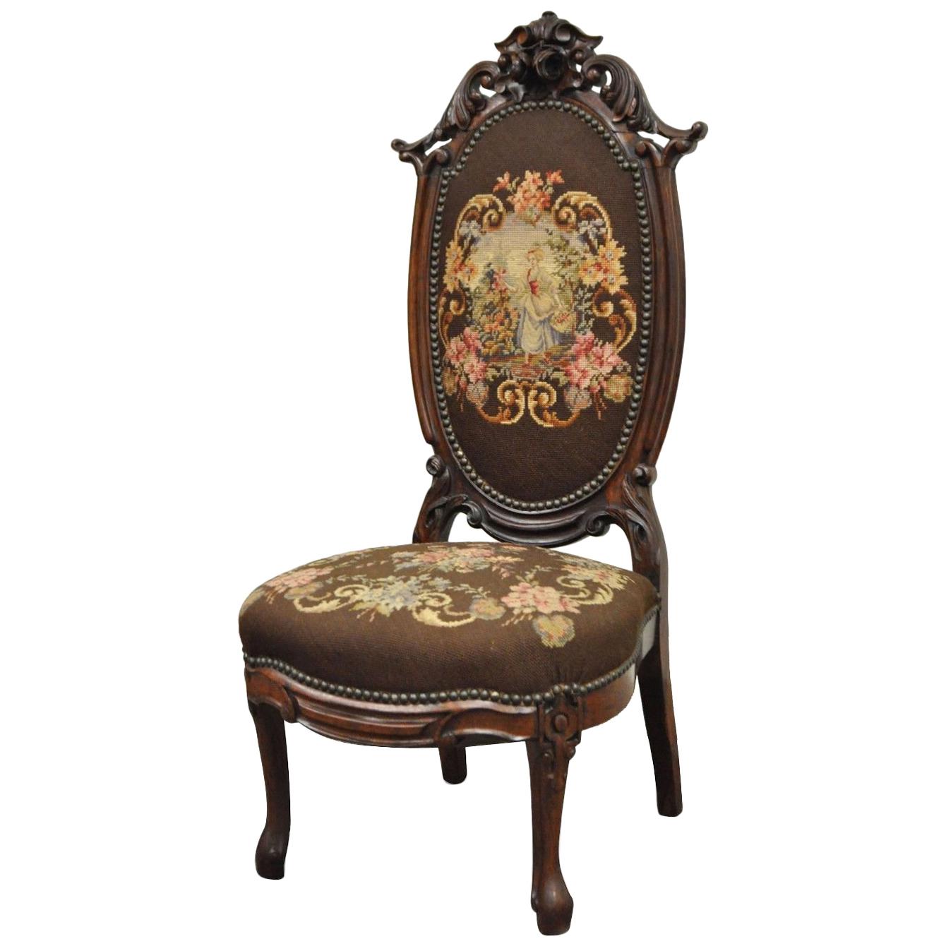 Antique Victorian Finely Carved Rosewood Needlepoint Prie Dieu Accent Side Chair