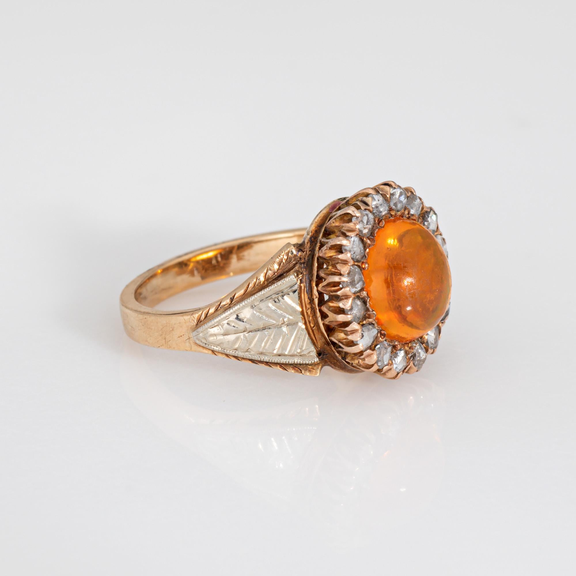 Victorien Antique Victorian Fire Opal Ring Rose Cut Diamond Cluster 14k Yellow Gold Halo en vente