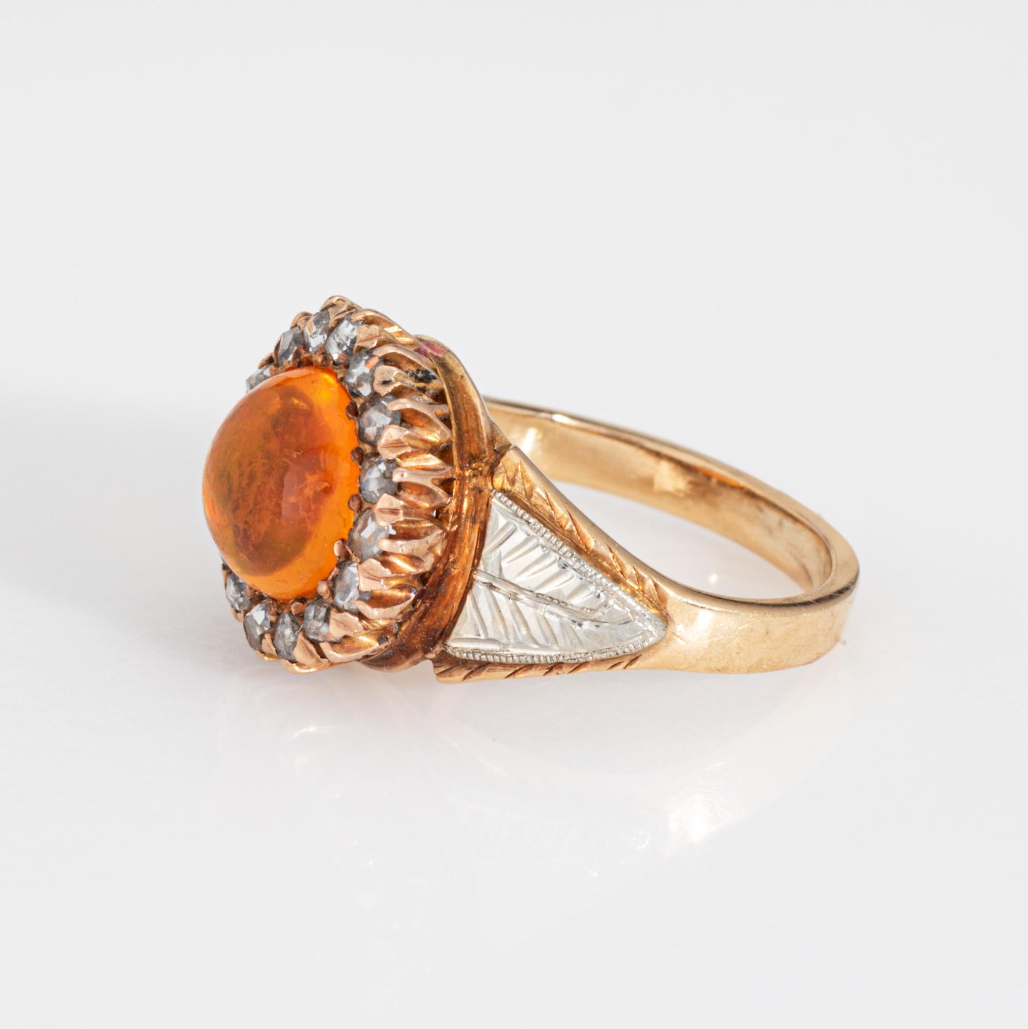 Taille rose Antique Victorian Fire Opal Ring Rose Cut Diamond Cluster 14k Yellow Gold Halo en vente