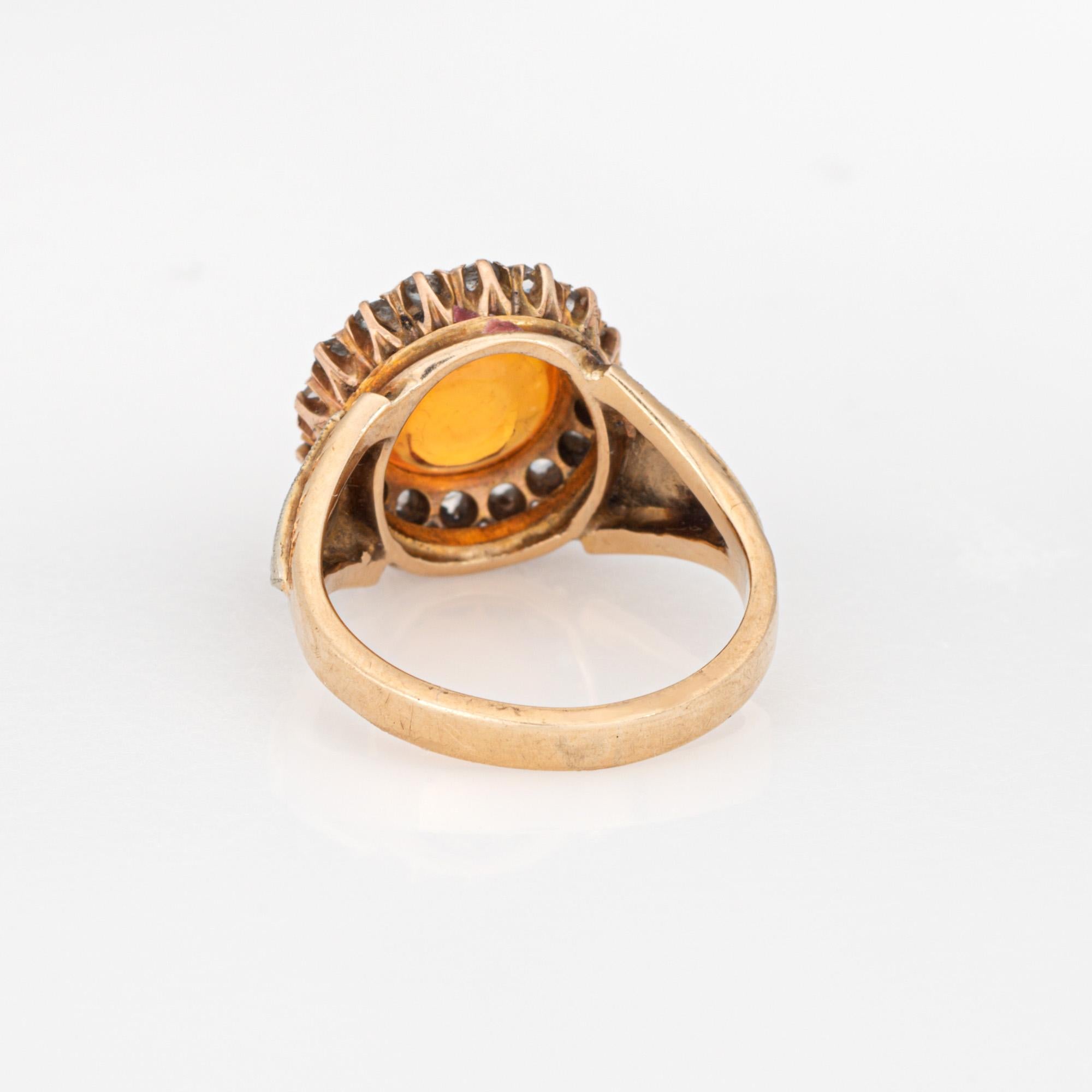 Antique Victorian Fire Opal Ring Rose Cut Diamond Cluster 14k Yellow Gold Halo Bon état - En vente à Torrance, CA