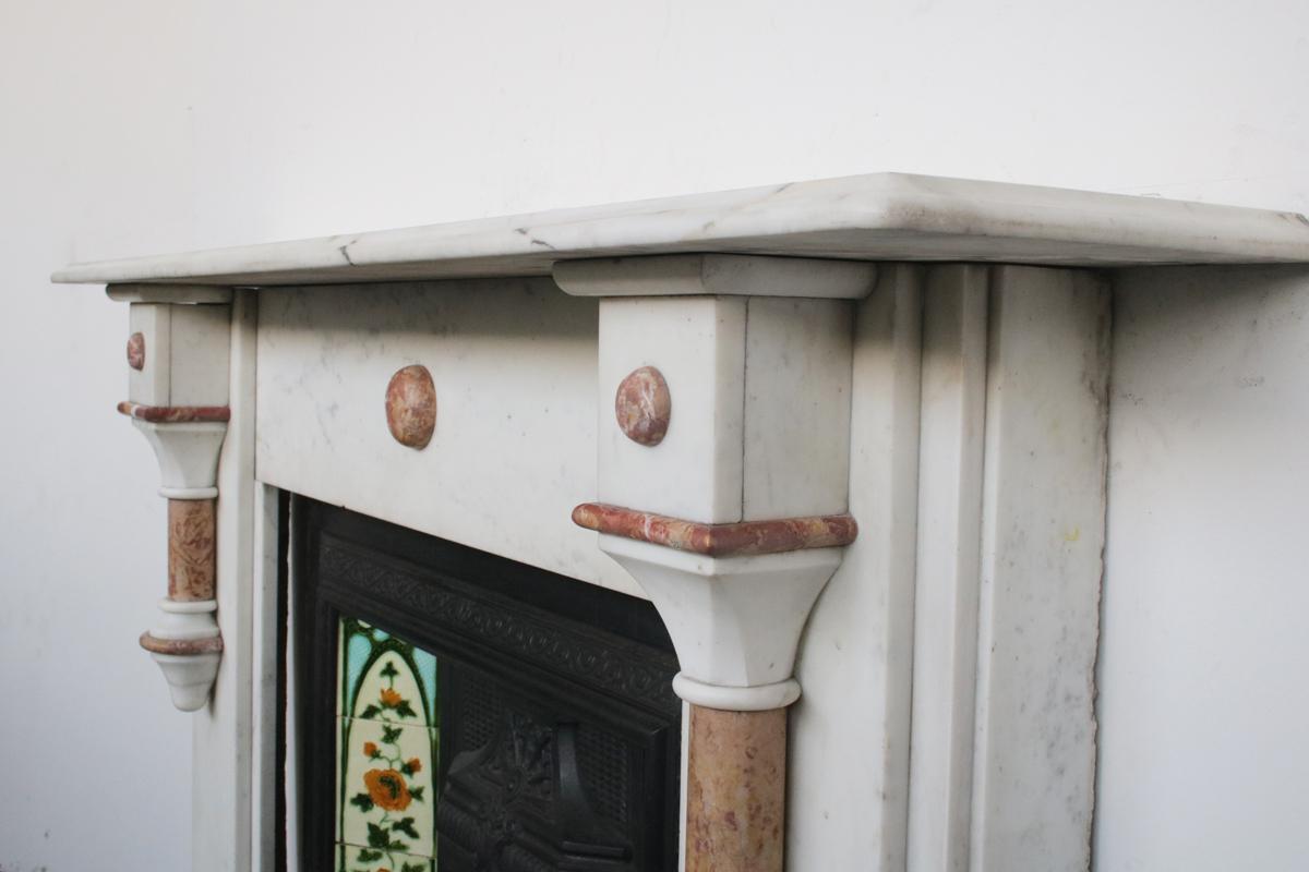 English Antique Victorian Fireplace Surround in Lightly Grained White Carrara Marble
