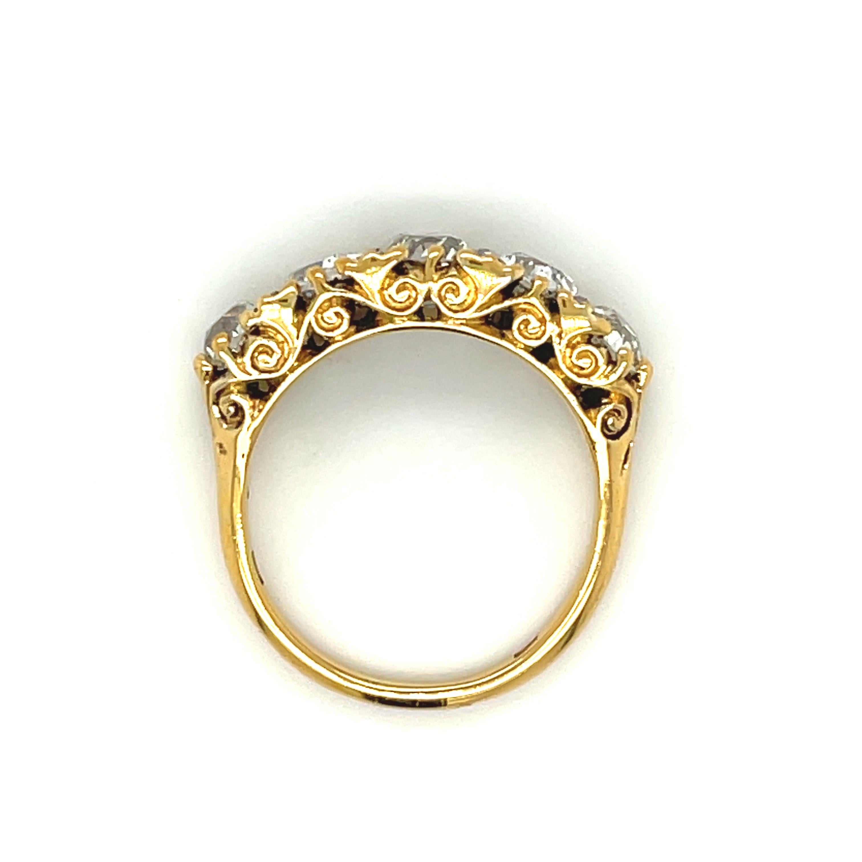 Old Mine Cut Antique Victorian Five Stone Diamond 18 Karat Gold Half Hoop Ring