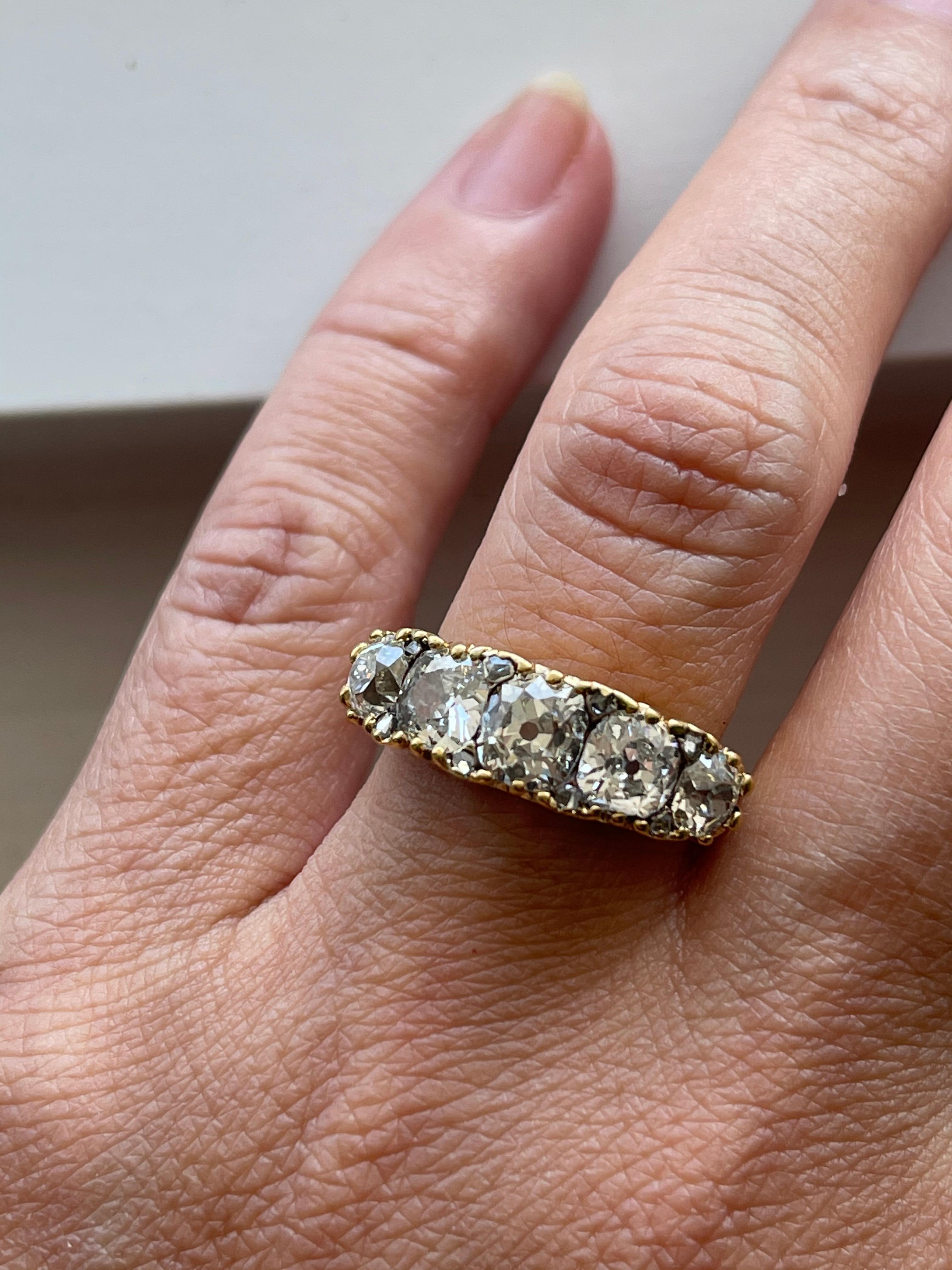 Antique Victorian Five Stone Diamond 18 Karat Gold Half Hoop Ring 1