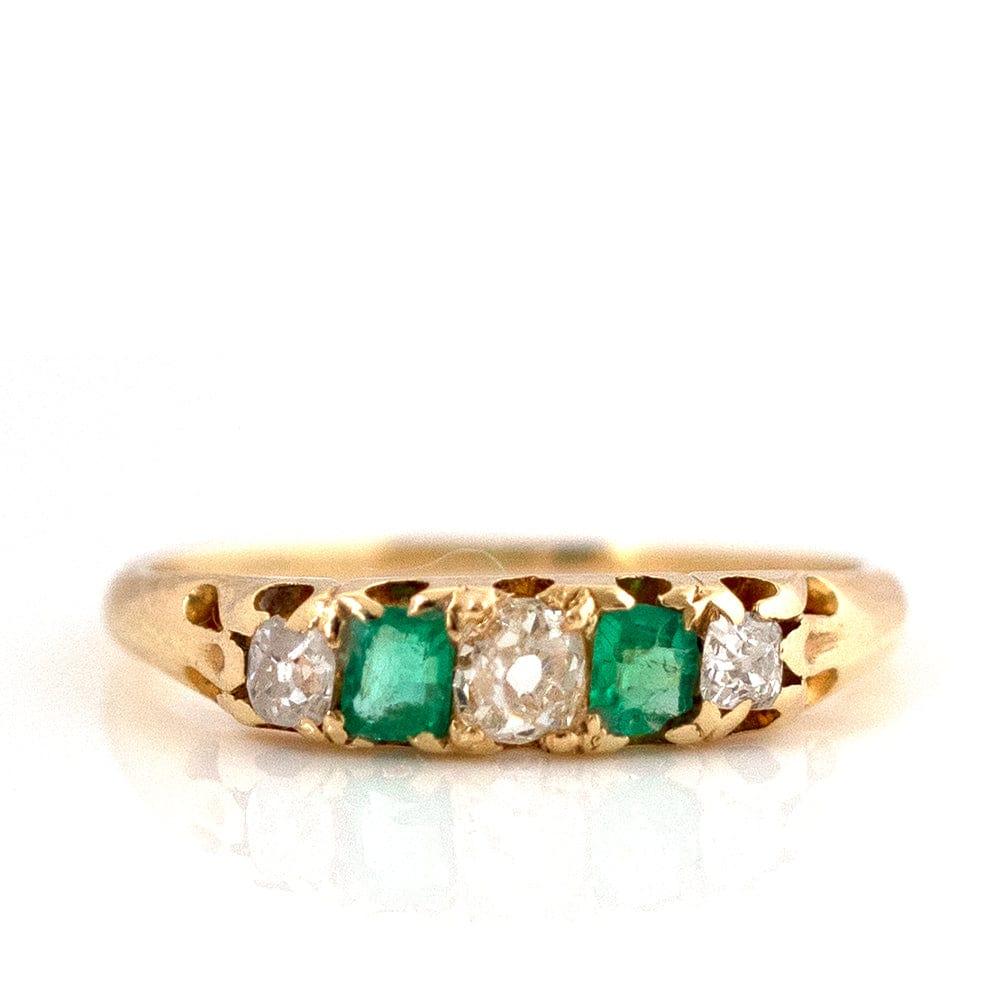 Emerald Cut Antique Victorian Five Stone Emerald Diamond 18 Carat Gold Ring