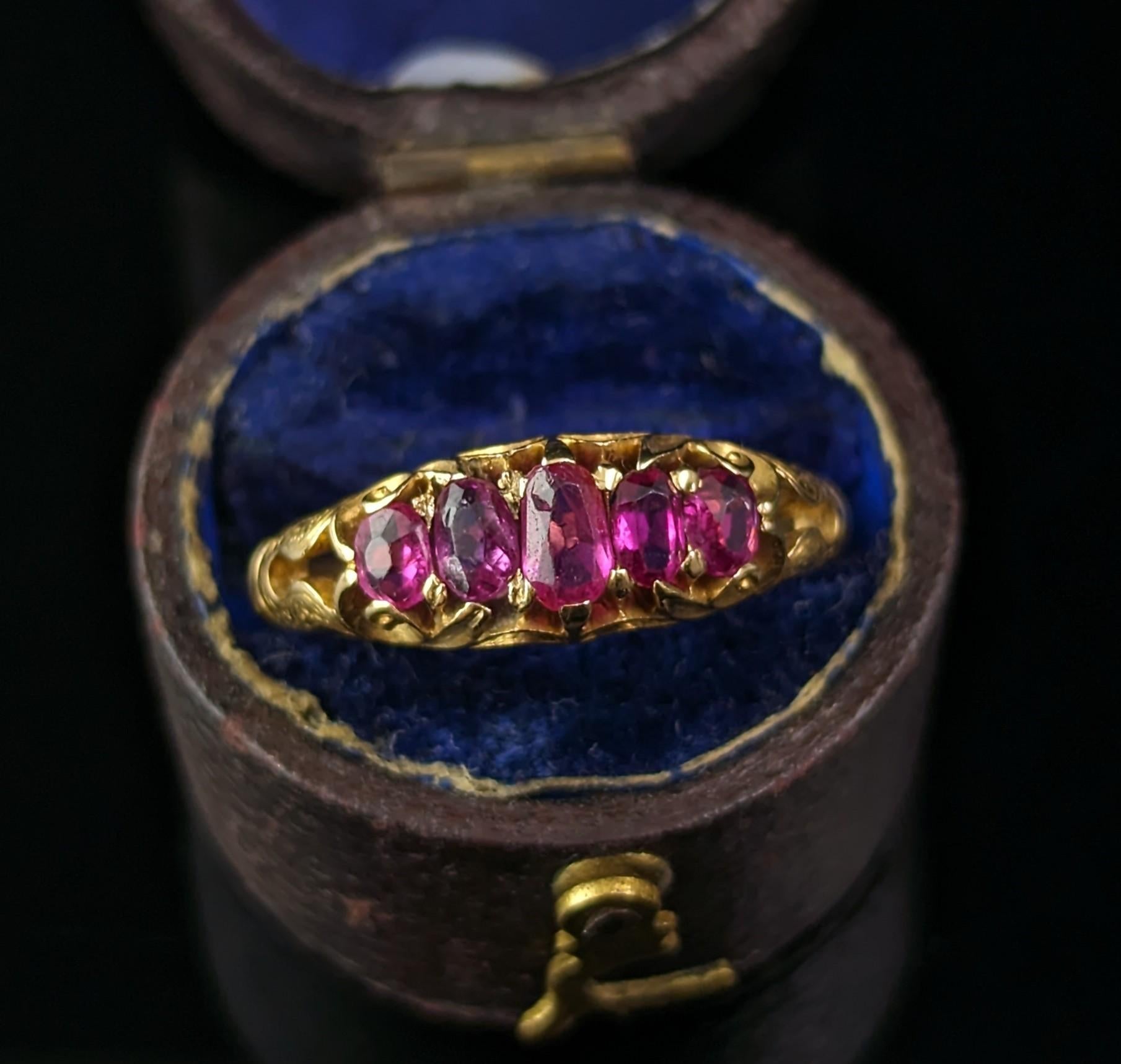 Women's Antique Victorian five stone ruby ring, 18k yellow gold 